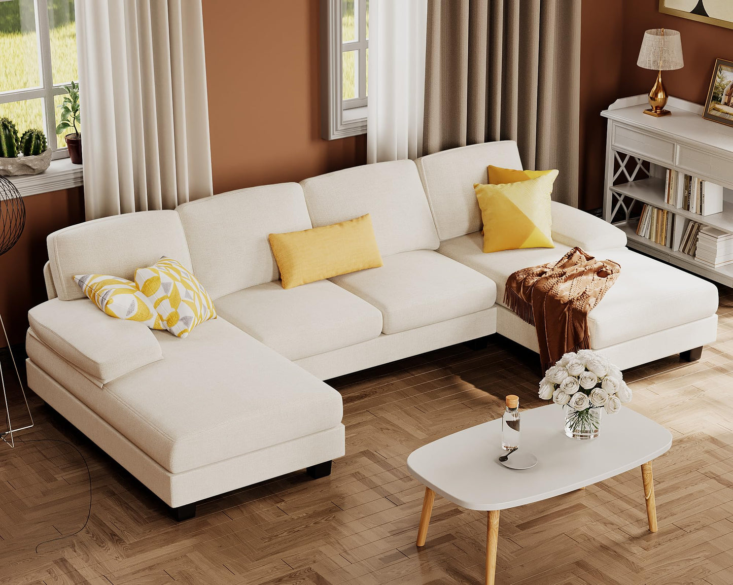 Furmax Sectional Couches for Living Room, U-Shaped Sofa Couch with Linen Fabric, 4 Seat Sofa Set with Double Chaise for Apartment (Chenille, White)