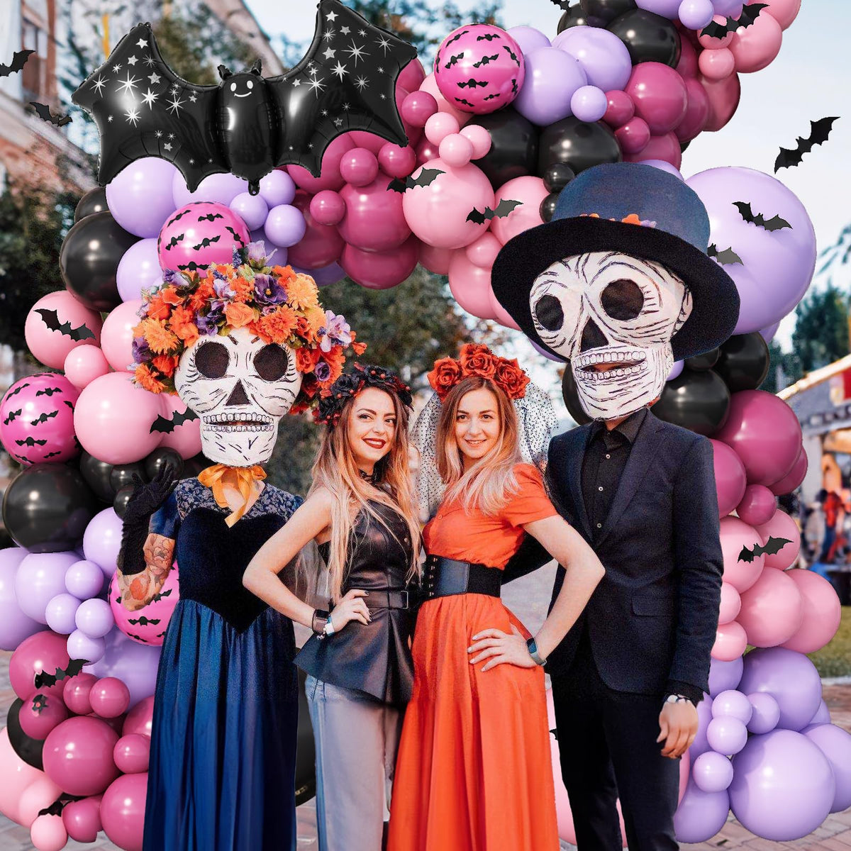 Halloween Balloon Arch Kit 102Pcs Hot Pink Purple Black Balloon Garland with Halloween Bat Foil Rose Red Balloons for Trick or Treat Day of the Dead Spooky Boo Ghost Haunted House Party Decorations