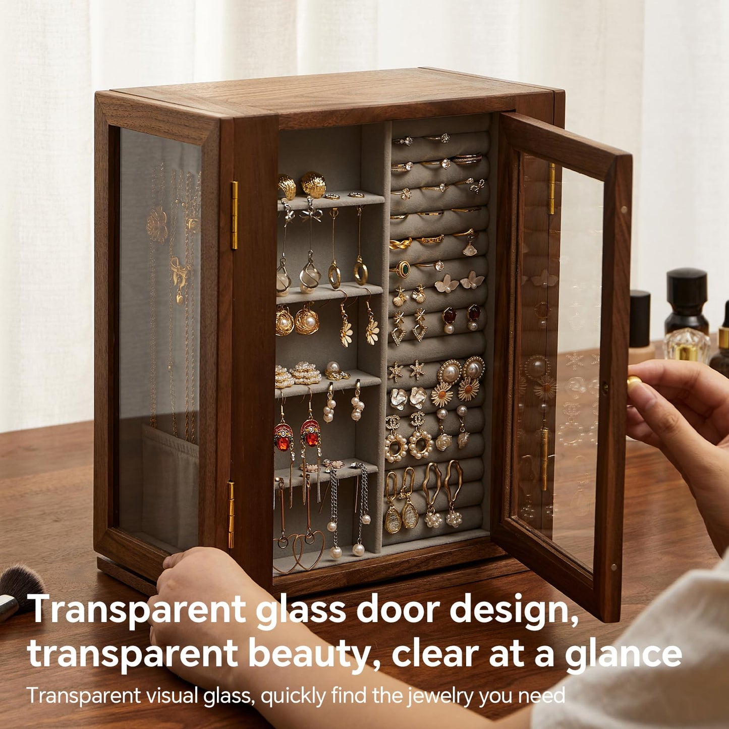 THFLSTR Wooden Jewelry Box for Women, 360 Rotating Design,Large Jewelry Organizer with Velvet Lining, 5 Drawers, Transparent Glass Doors, Black Walnut Wood Grain, Jewelry Storage Organizer