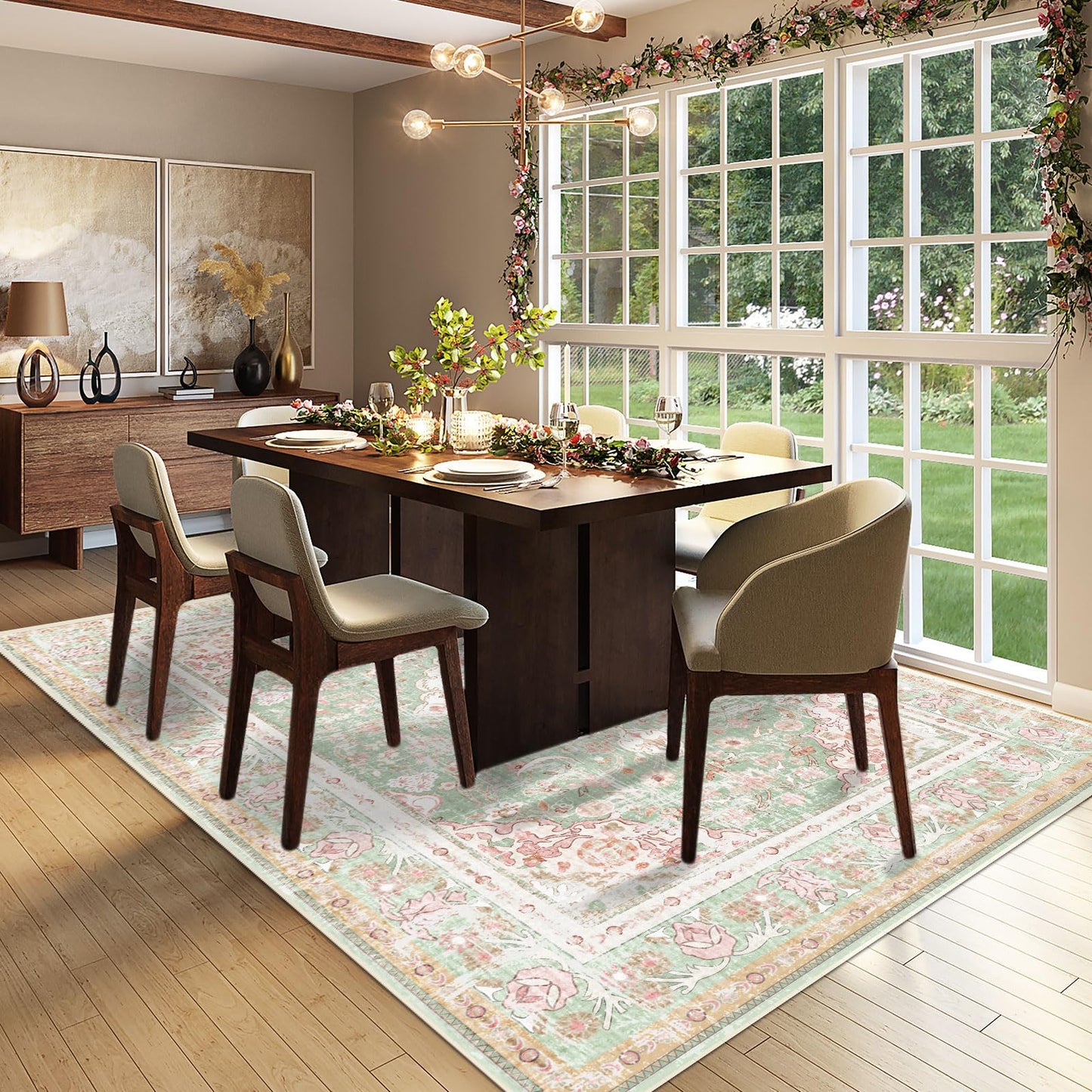 Vhong Washable Area Rugs Boho Vintage Modern Neutral Large Carpet Green and Pink High Traffic Rugs 6×9 for Dinning Room Living Room Bedroom Farmhouse Non Slip