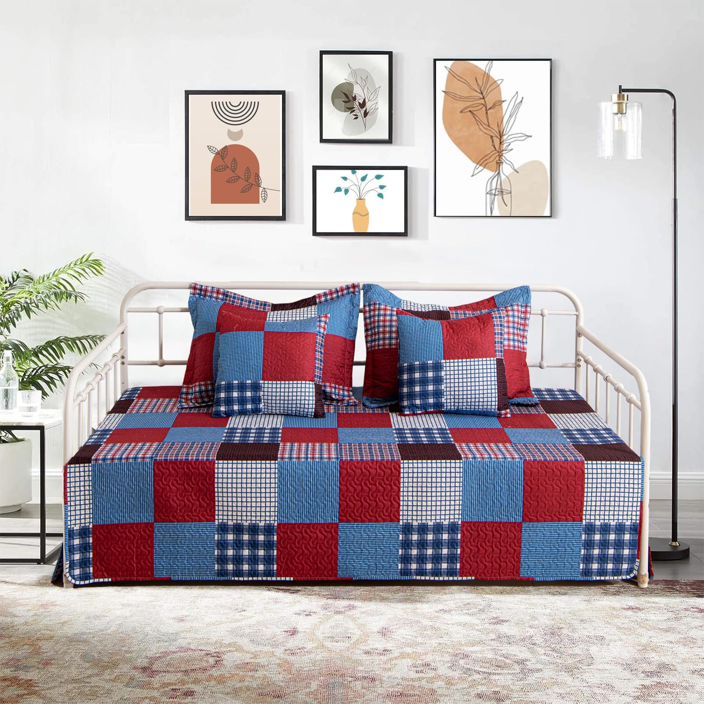 TieyaChkis 5 Piece Plaid Daybed Cover Set Twin Daybed Bedding Sets for All Season Lightweight Plaid Day Bed Comforter with Matching Shams&Decorative Pillows,39"x75"