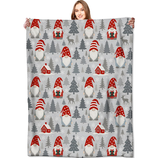 VODRM Gnome Blanket Christmas Nordic Holiday Decor Cute Xmas Throw Gifts for Kids Adults Lightweight Fleece Red Hat Cabin Snowy Tree Reindeer Blankets for Festive Winter Decoration 60x80in