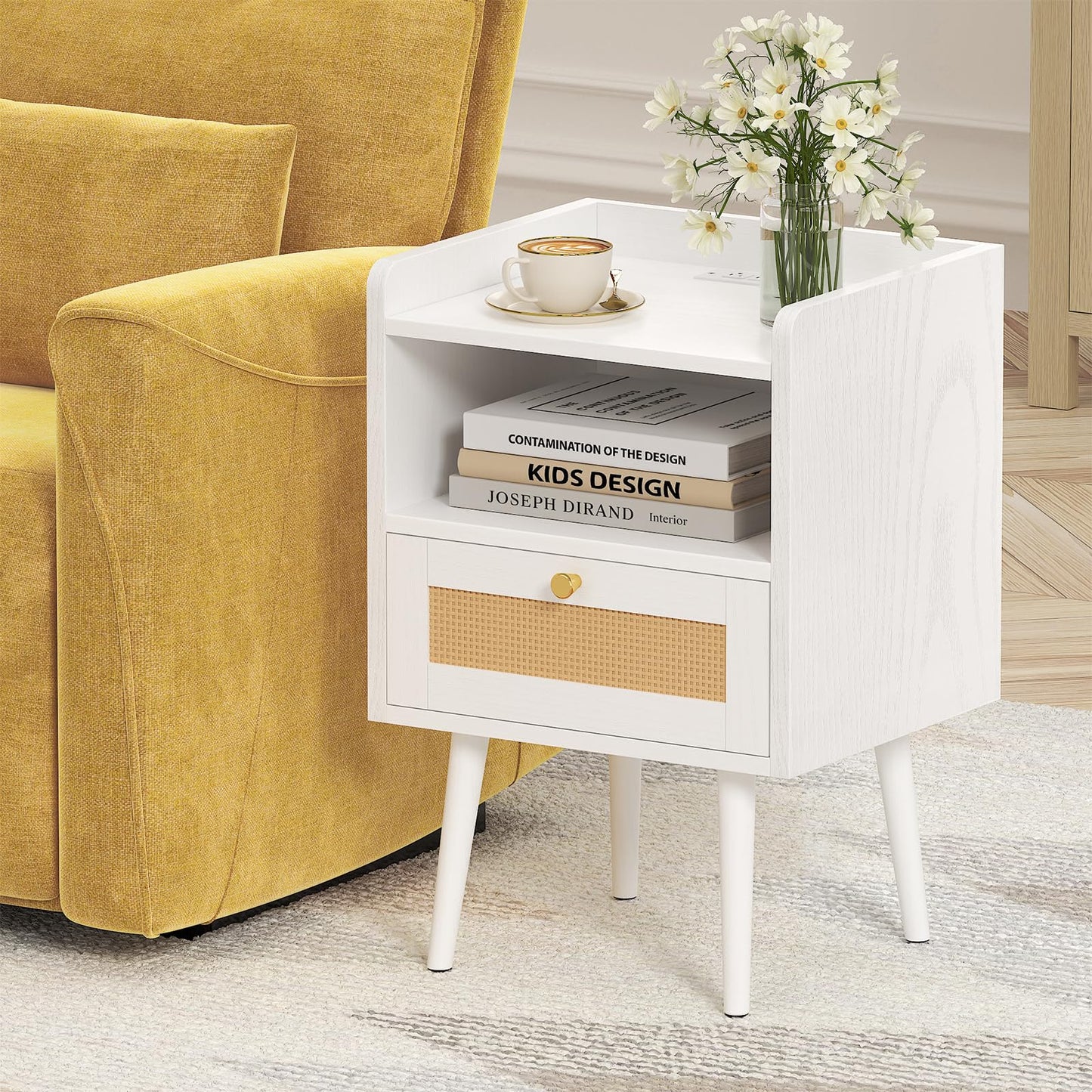 MECHYIN Night Stand Set 2, Nightstands Set of 2 with Charging Station, Rattan Side Tables with Solid Wood Legs, Boho Bedside End Table for Apartment Bedroom Dorm Small Space