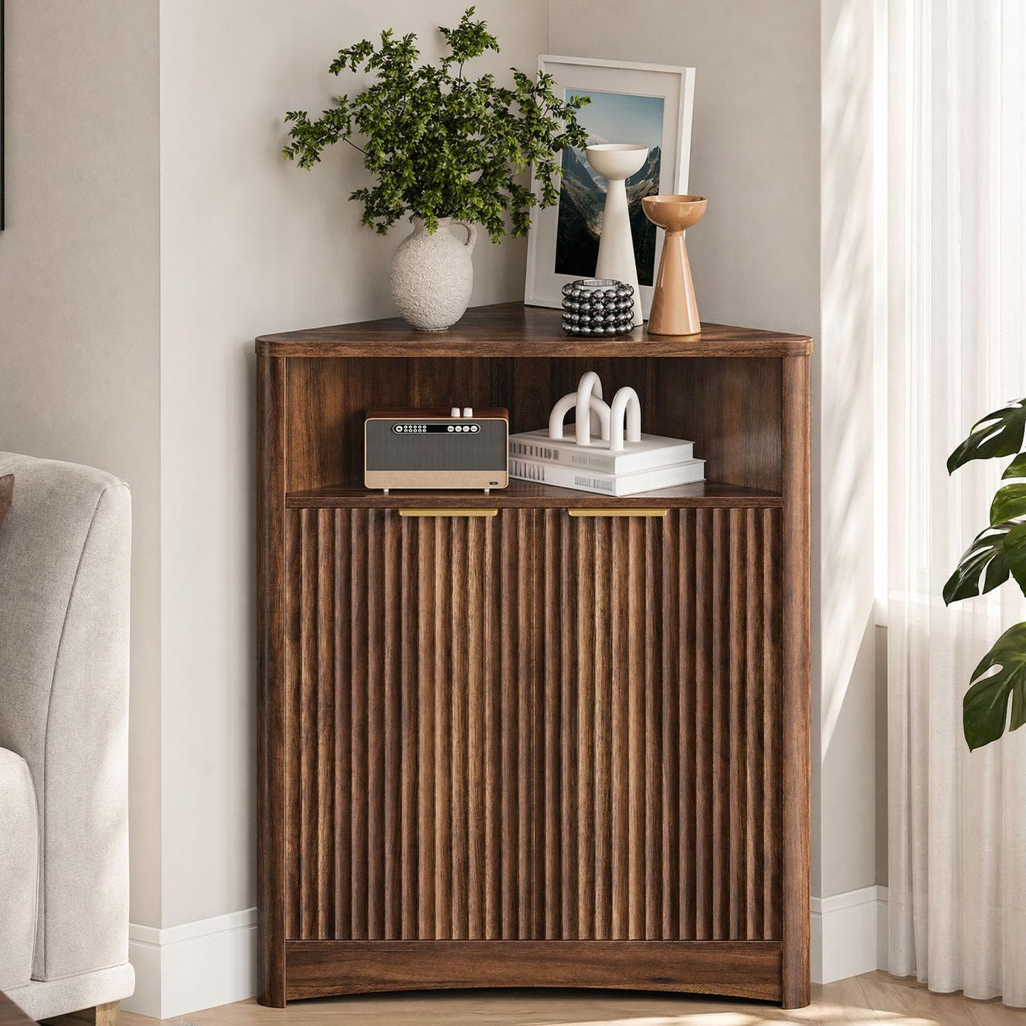 CHOEZON Corner Cabinet, Corner Storage with Fluted Panels and Adjustable Shelf, Modern Floor Cabinets for Small Spaces, Bathroom, Living Room, Kitchen, Walnut MCW23HT