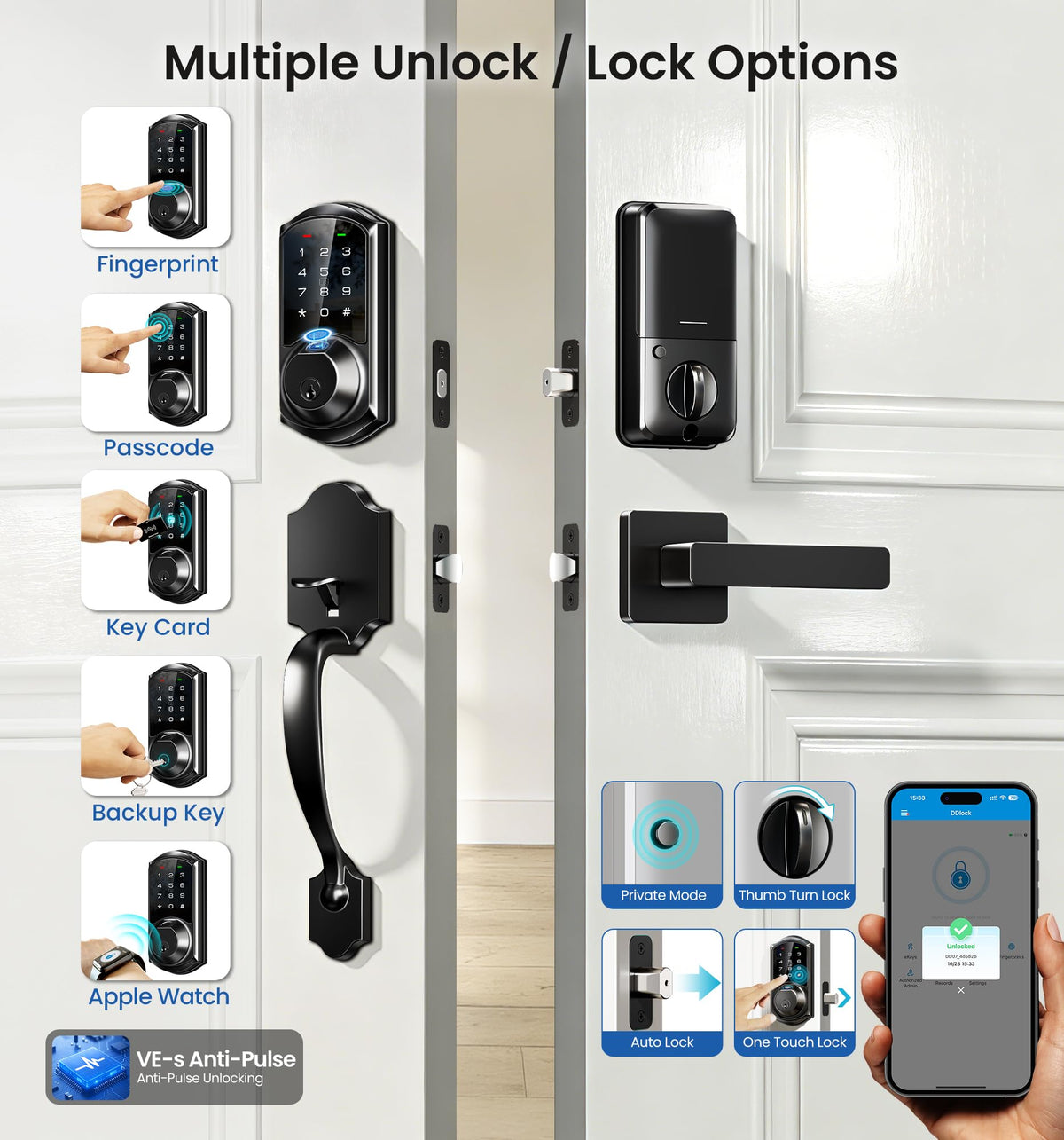 Veise VE07-H Fingerprint Smart Locks for Front Door with Handle Set, App Control, Keyless Entry Keypad Deadbolt, Digital Electronic Touchscreen, Easy Install, Auto Lock, Matte Black