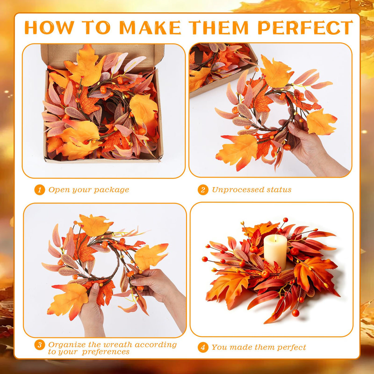 8 Pcs Mini Fall Wreaths Thanksgiving Table Centerpieces Fall Candle Rings 9 Inch Maple Leaf Wreaths for Cabinets Farmhouse Autumn Wreath for Front Door Porch Wall Window Decorations