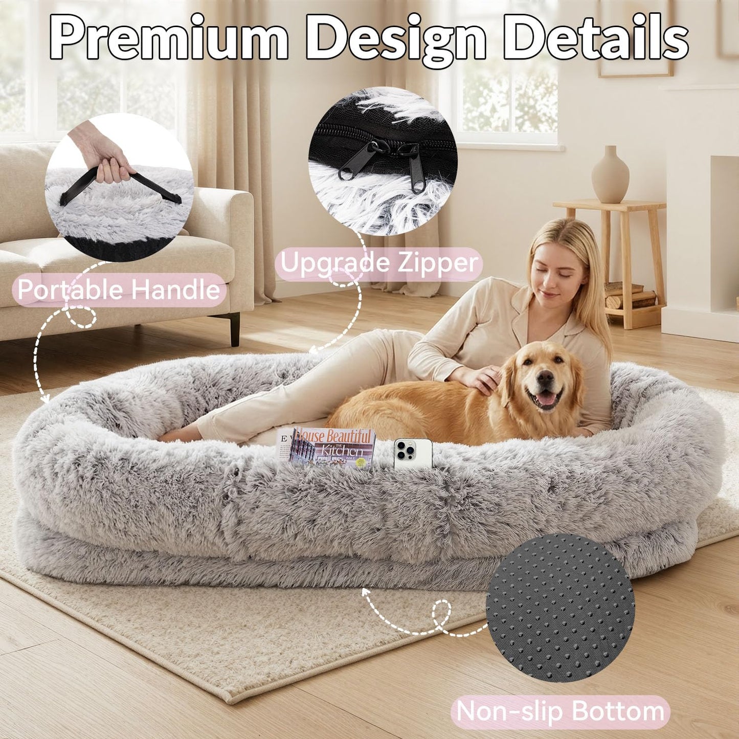 79"x44"x12.5" Human Dog Bed for Adult Faux Fur Washable Human Dog Bed Portable Handle, Egg Orthopedic Foam Human Bed Extra Large with Present Blanket Grey