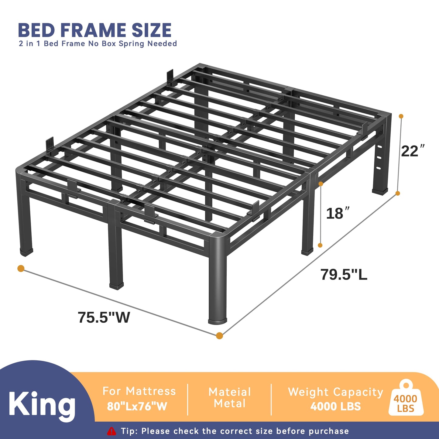 Anyroom 22 Inch King Bed Frame, Double Layer Heavy Duty Metal Platform 4000 lbs Capacity, Bed Frames with Headboard Holes, Round Corner Legs, Mattress Slide Stopper, Easy Assembly