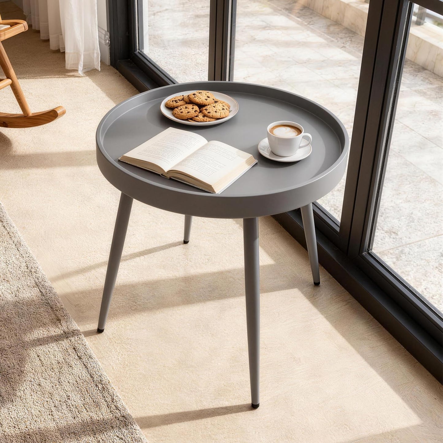 CHAIRABLE 20" Round Side Table, Plastic Top, Iron Frame, Waterproof, Gray