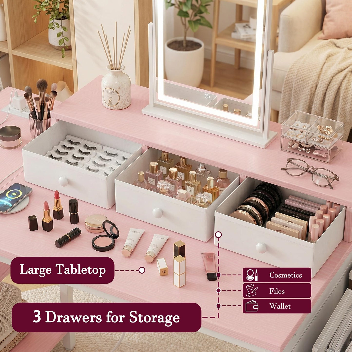 TIQLAB 40 Inch L Shaped Computer Desk with 3 Drawers & Power Outlets, Small Corner Desk with Reversible Shelves, Vanity Kids Writing PC Desk for Bedroom Home Office, Study Table for Girls, Pink