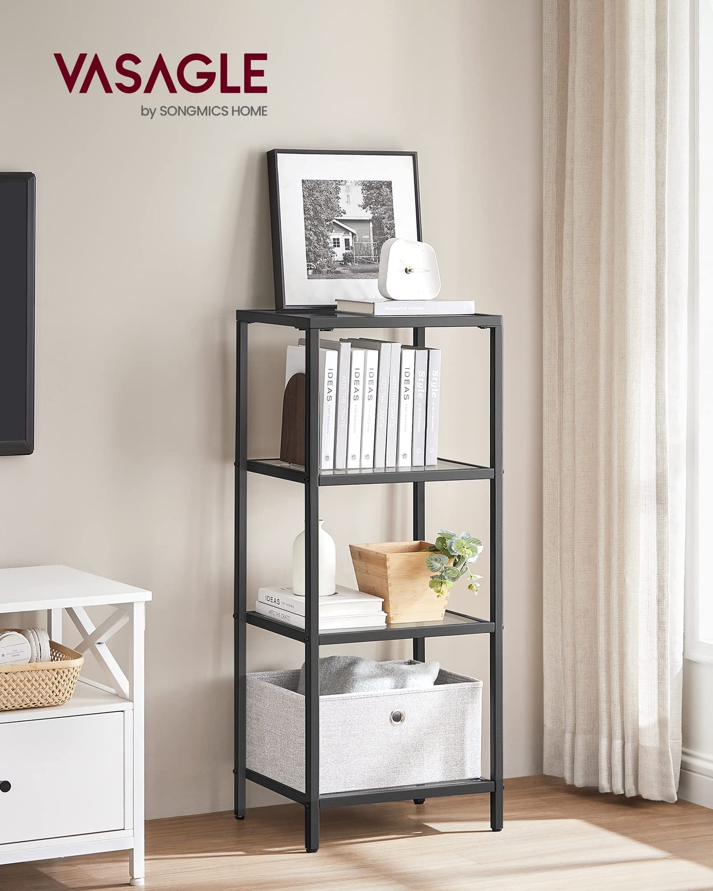 VASAGLE Bookcase, 4-Tier Bookshelf, Slim Shelving Unit for Bedroom, Bathroom, Home Office, Tempered Glass, Steel Frame, Ink Black ULGT028B61