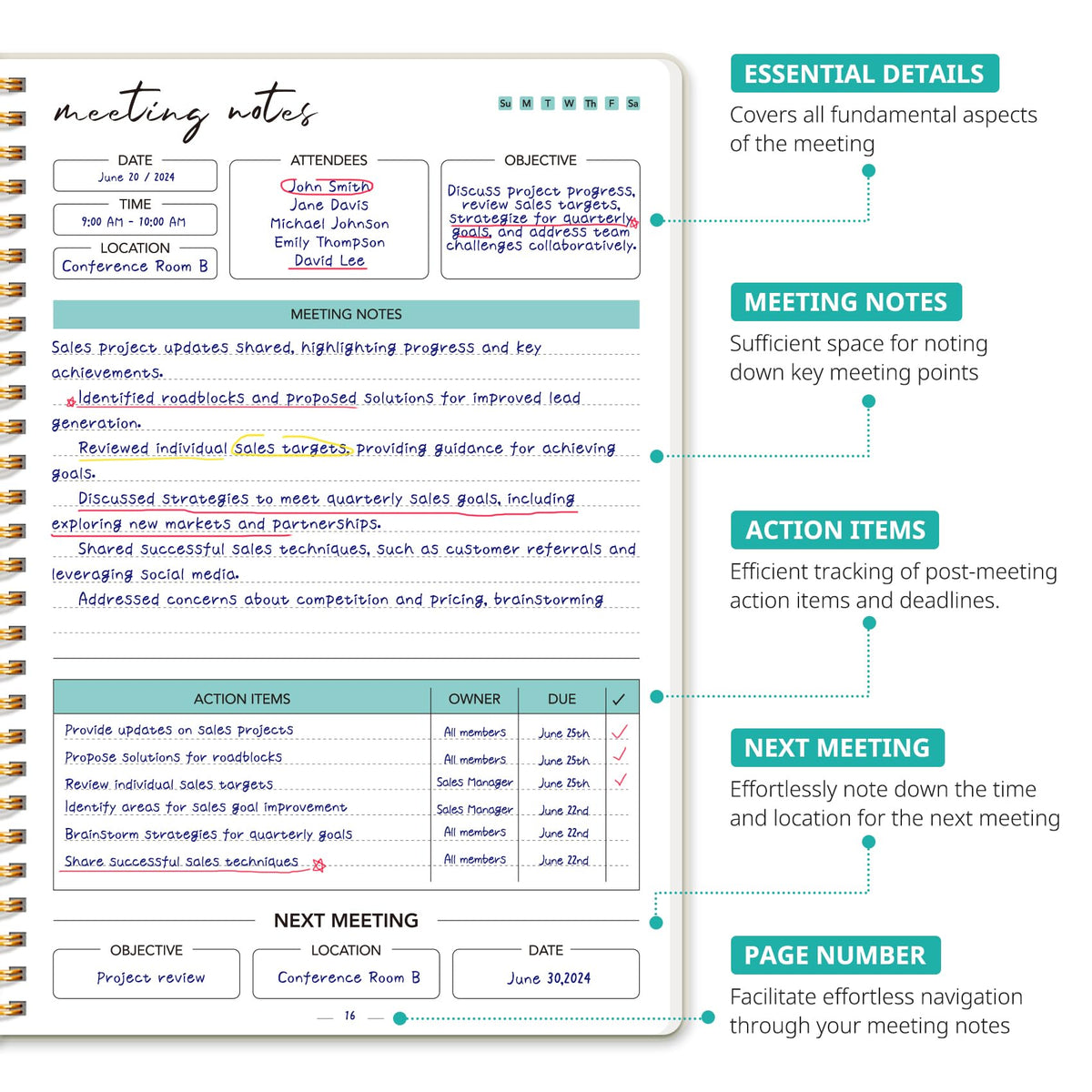 Meeting Notebook for Work Organization - Work notebook with action items, Meeting Minutes Planner Notebook, Perfect Office Supplies for Men & Women - Beige