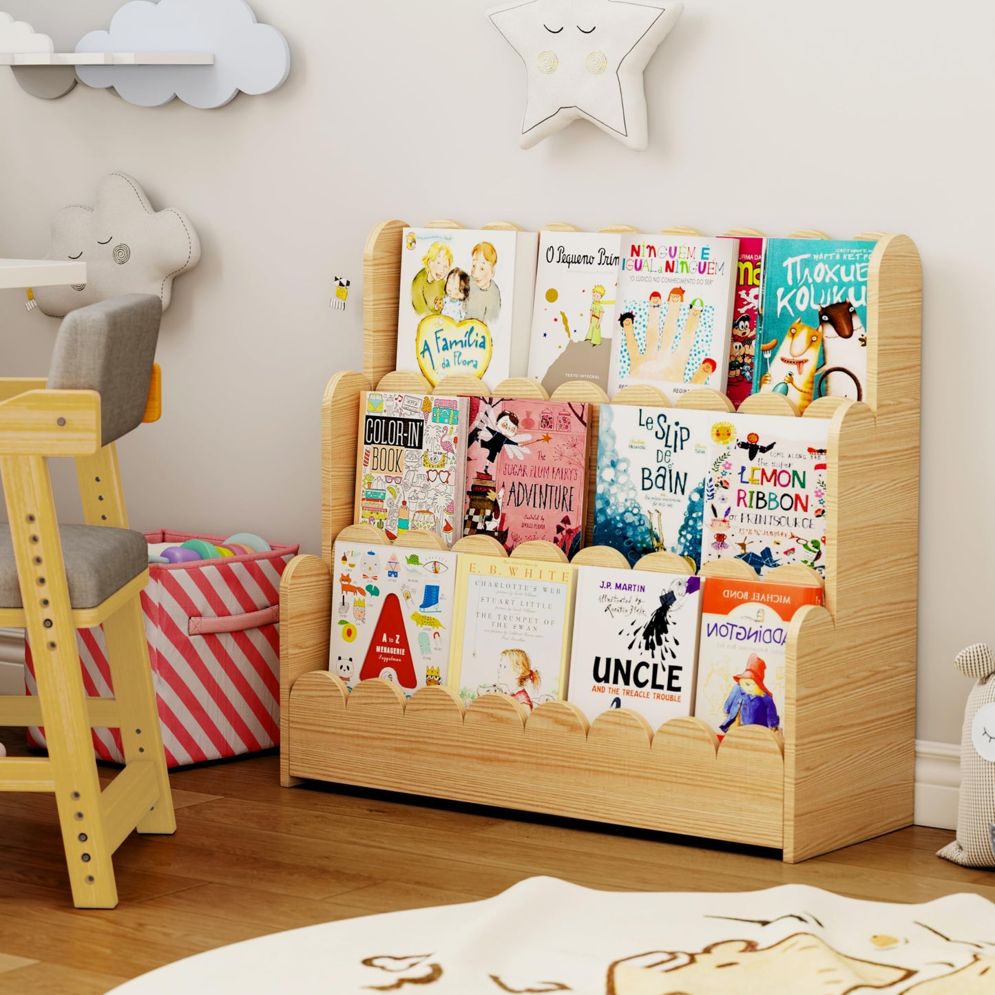 HADAMUYE 3-Tier Kids Bookshelf, Scalloped Montessori Bookshelf for Toddler and Baby, Small Childrens Bookcase, Solid Wood Book Shelf for Kids Room, Nursey, Playroom and Classroom, Natural