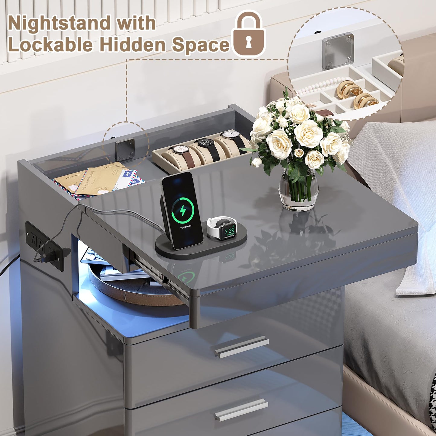 Treocho Led Nightstand with Hidden Space, Modern Night Stand with Charging Station, 3 Drawer Smart Nightstand with Glossy Finish, Tall Bedside Table with RGB Lights for Bedroom, Grey