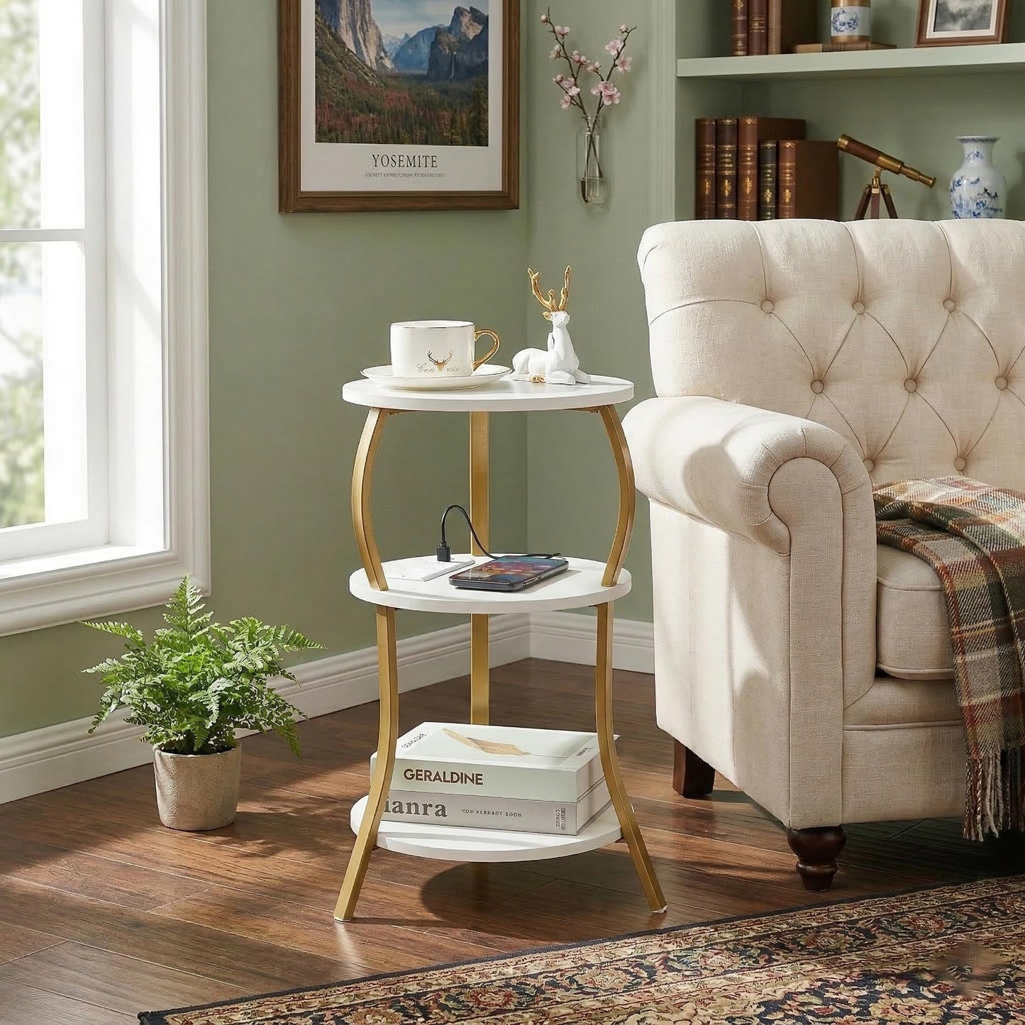 Small Round Side Table with Charging Station, 3-Tier Waist Circular End Table with Storage Shelf, Compact Tea Sofa Side Table Small Spaces, Round Corner Coffee Table for Living Room Bedroon,White+Gold