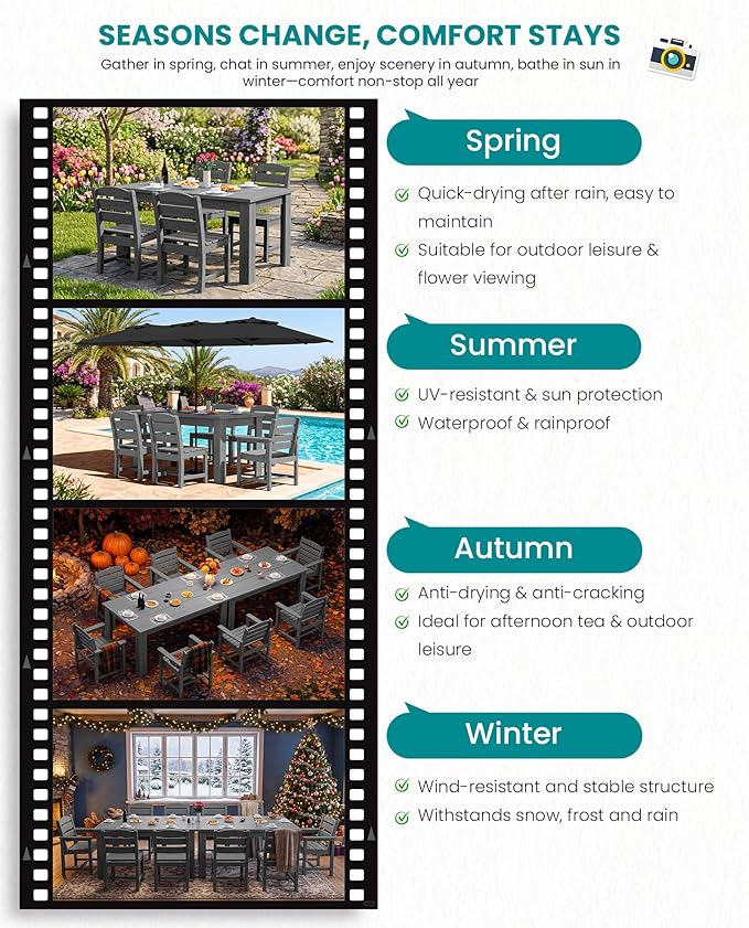 SERWALL HDPE Dining Set for 6: 1 Umbrella Hole Table, 4 Armless + 2 Armchairs.