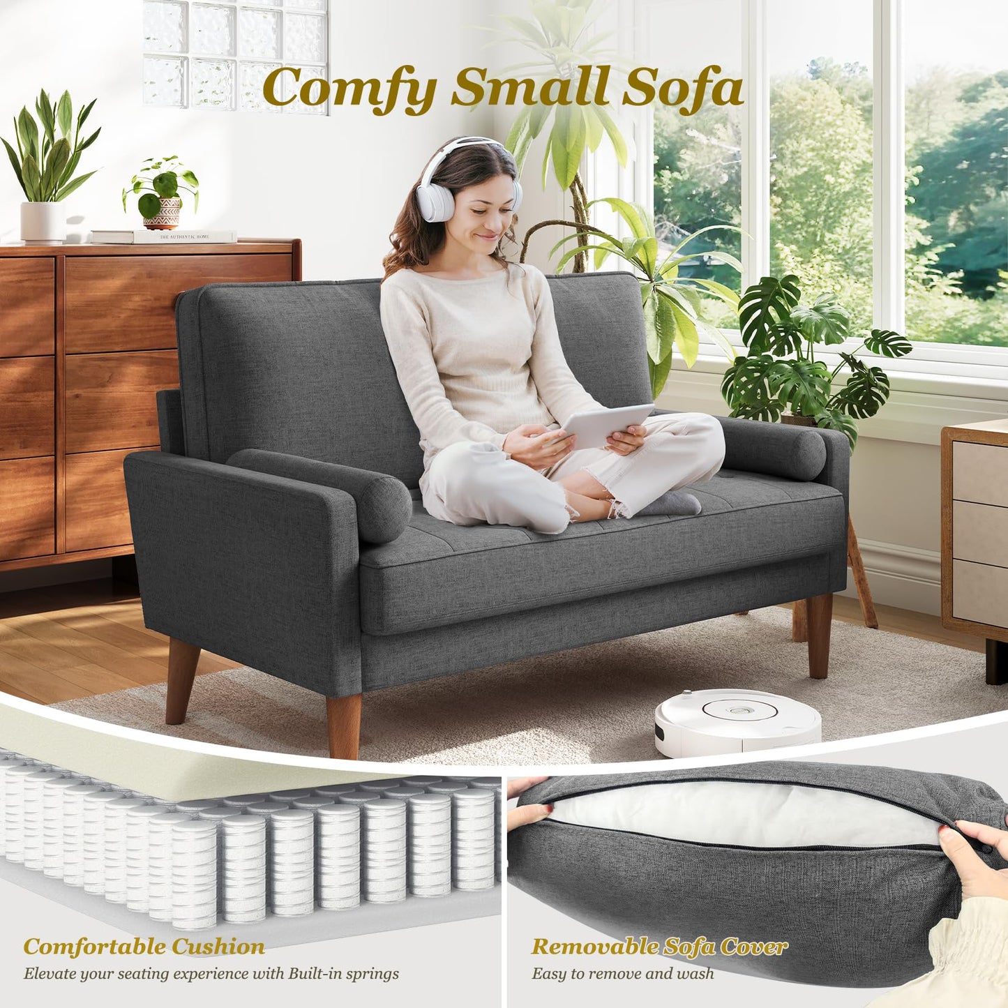 Vesgantti Loveseat Sofa with Solid Wood Legs, 48" Small Couches for Small Spaces, Love Seat for Living Room, Bedroom, Easy Assembly Mid Century Modern Couch with Throw Pillow for Apartment, Grey