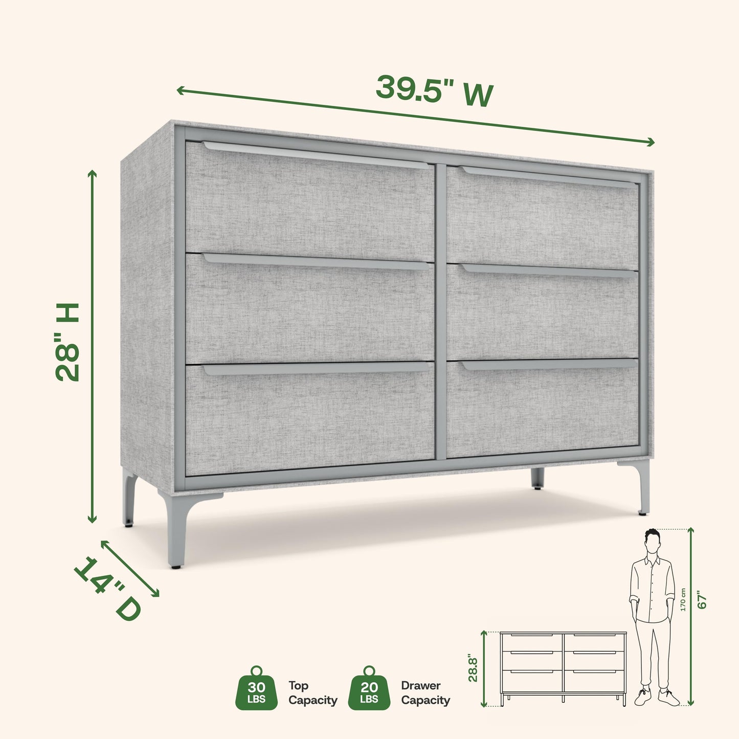 tinge Naima Premium 6 Drawer Fabric Dresser - Heavy Duty Metal Frame with Sag-Proof Storage Drawers for Clothes - Durable Silver Bedroom Chest & Sleek Metal Handles