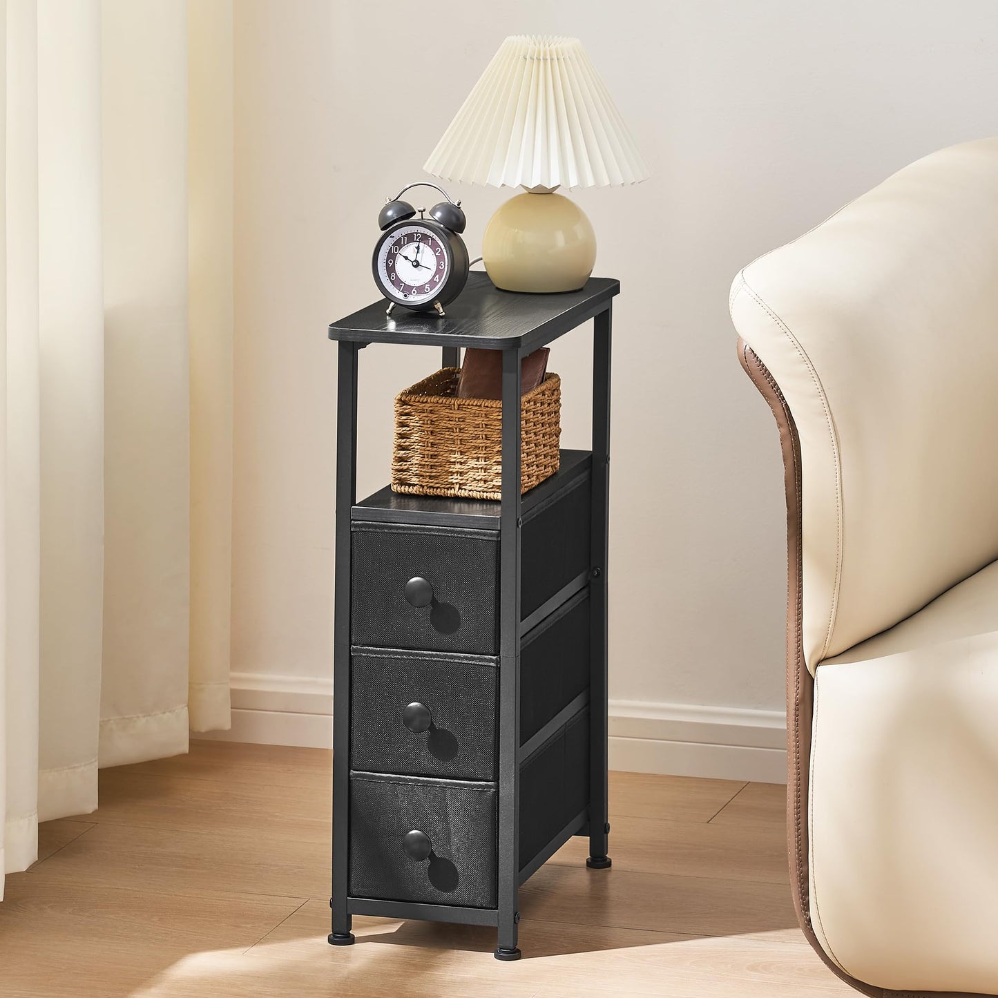 DALEMHOME End Table, Narrow Side Table with 3 Fabric Drawers, Slim Nightstand, Small Bedside Table with Storage, Living Room, Bedroom, Black HKET1300BK