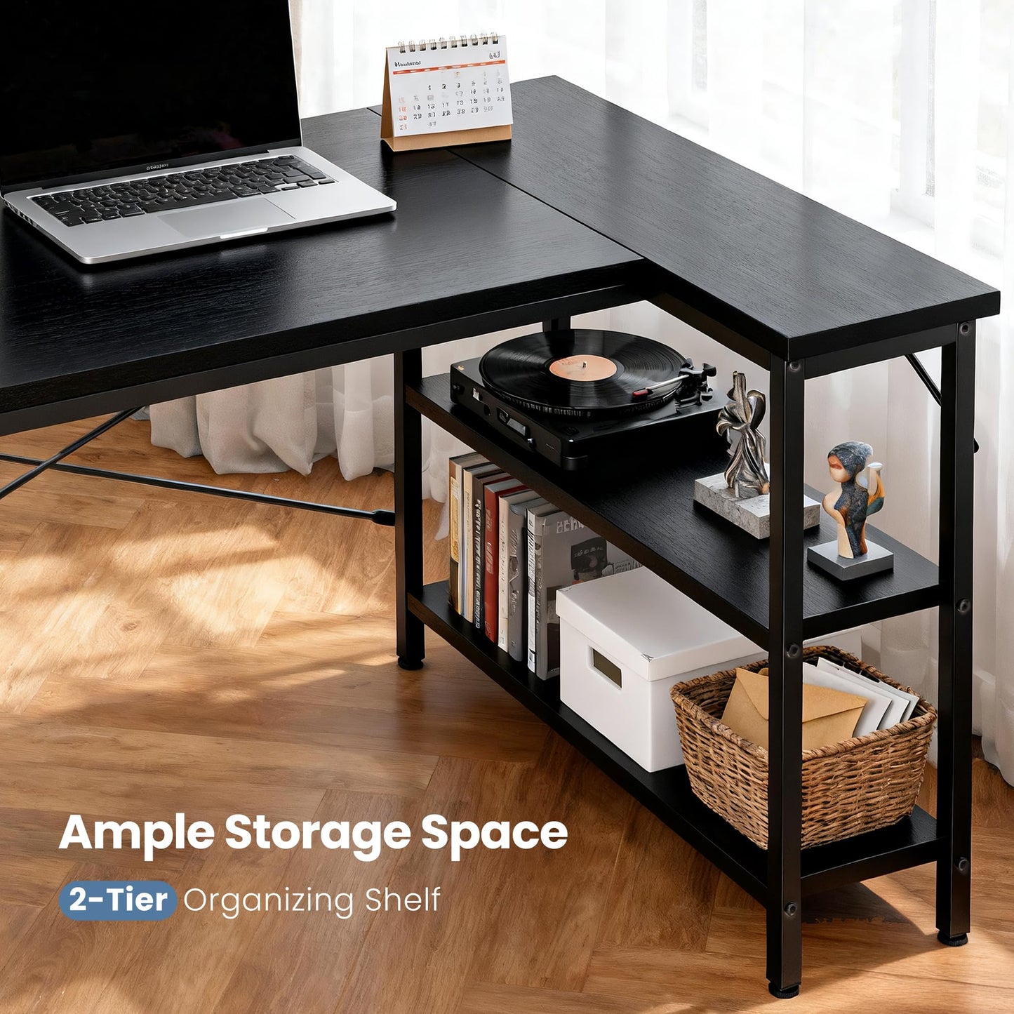 DUMOS L Shaped Desk 47 Inch Computer Corner Gaming Desks for Home Office PC Table with Reversible Storage Shelves for Writing Working Study Bedroom Dorm Modern Black