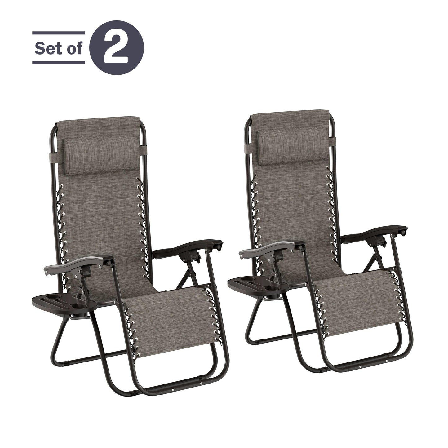 Lavish Home Zero Gravity Lounge Chairs- Set of 2- Gray Folding Anti-Gravity Recliners- Side Table, Cup Holder & Pillow-for Outdoor Lounging