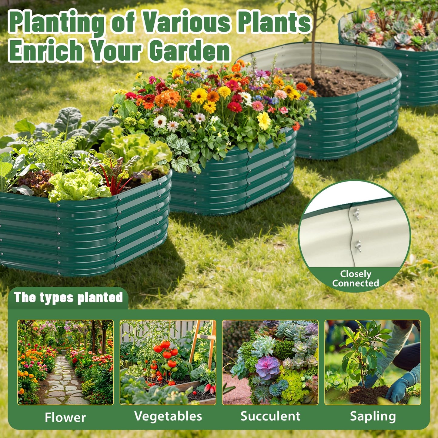 Hexagon Raised Garden Bed, 48 Inch Diagonal & 16.5 Inch Tall, Galvanized Steel Planter Box with Wave-Shaped Metal Panels for Outdoor Flower,Tree,Herb & Vegetable Garden (Dark green, 4FT X 1.5FT)
