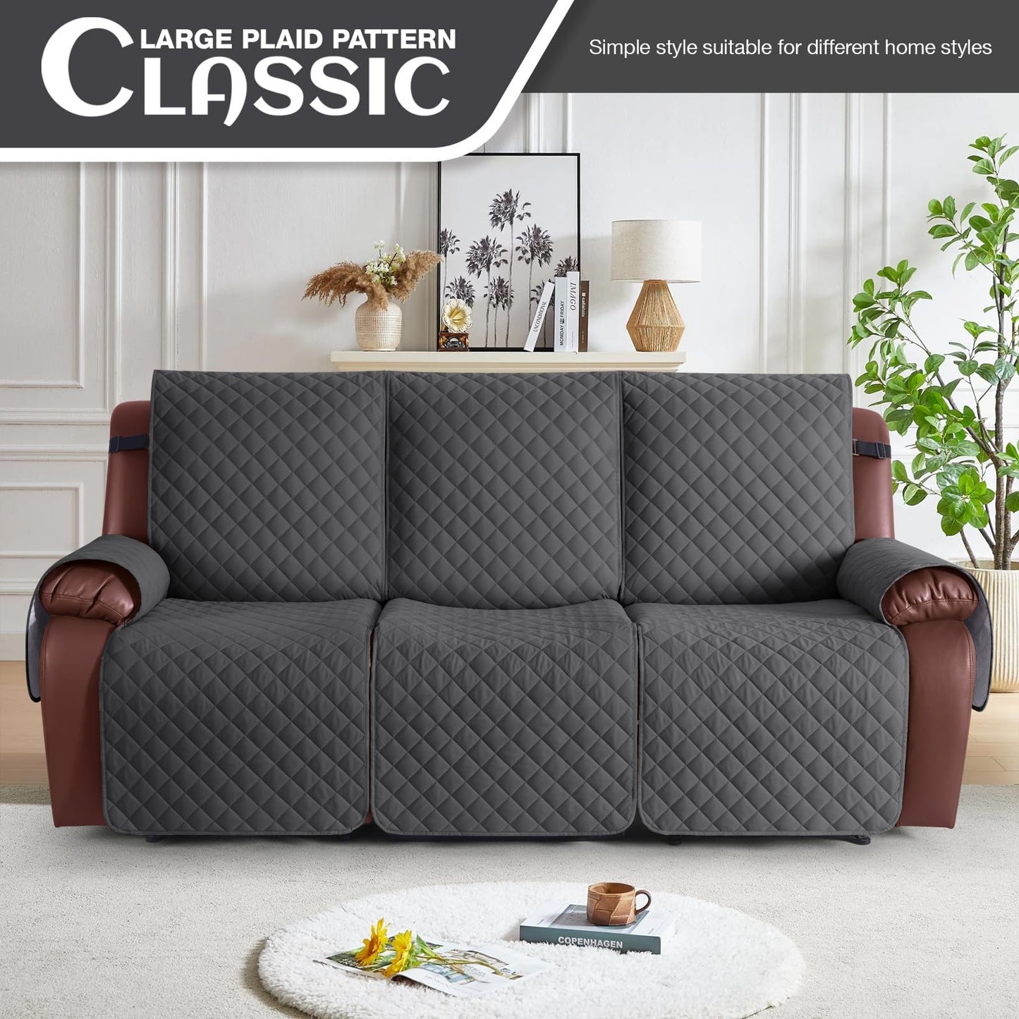 KinCam Waterproof Recliner Sofa Cover, Non-Slip Reclining Couch Covers for 3 Seat, Recliner Couch Cover Furniture Protector with Elastic Straps for Pets, Kids, Charcoal Gray