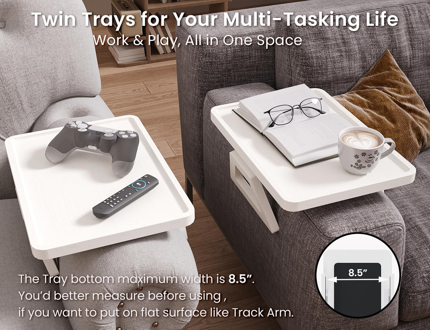 Danfoxer 2 Pack Couch Arm Tray,Bamboo Folding Sofa Tray,Sofa Armrest Trays Clip-On Couch Desk for Drinks,Snacks,Phone,Remote Control（White）