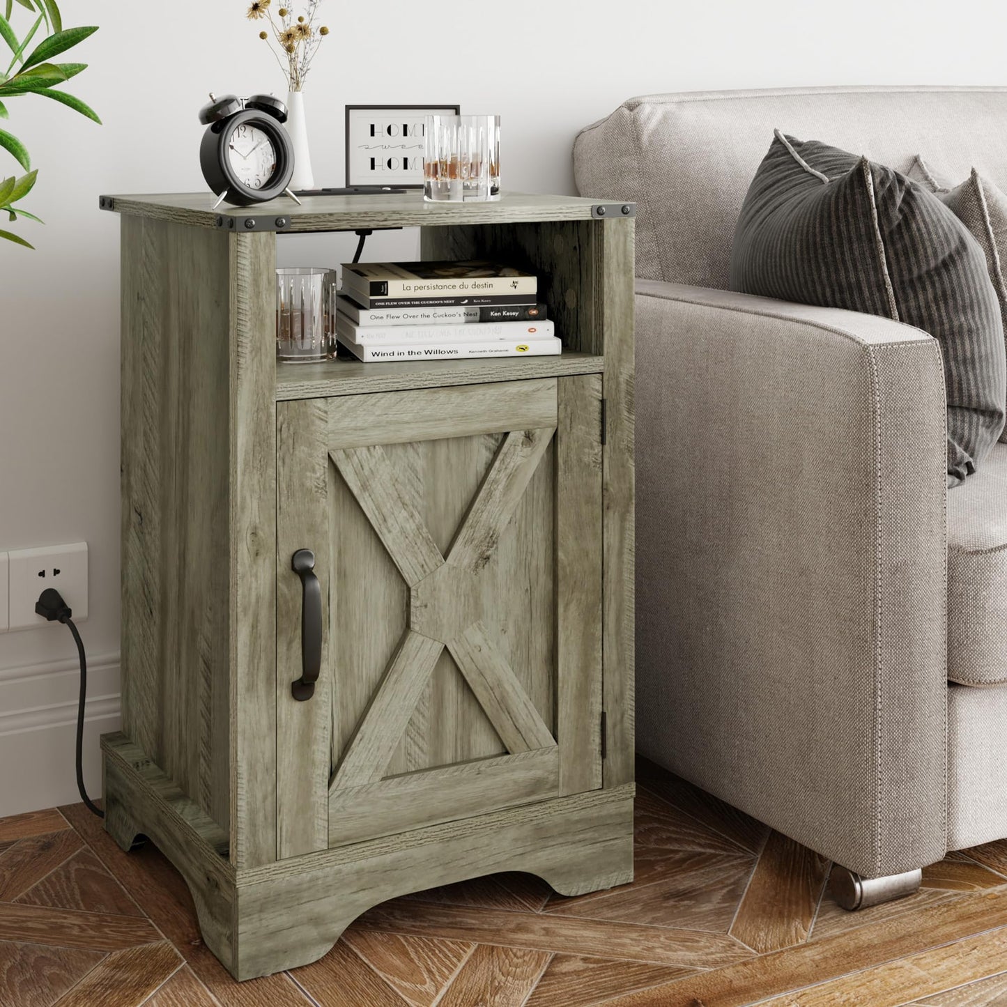 RoyalCraft Farmhouse Nightstand, End Table with Charging Station, Tall Bedside Table with Large Storage Room and Shelf, Wooden Rustic Side Table for Bedroom, Home Office, Light Grey