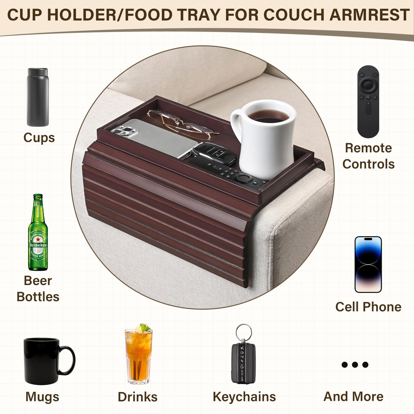 YUBAMIN Bamboo Sofa Arm Tray, Anti-Dropping Couch Arm Tray, Foldable Sofa Armrest Tray Couch Arm Table for Eats, Drinks, Snacks, Remote, Cellphone, Cup Holder, Back Anti-Slip Pad Design