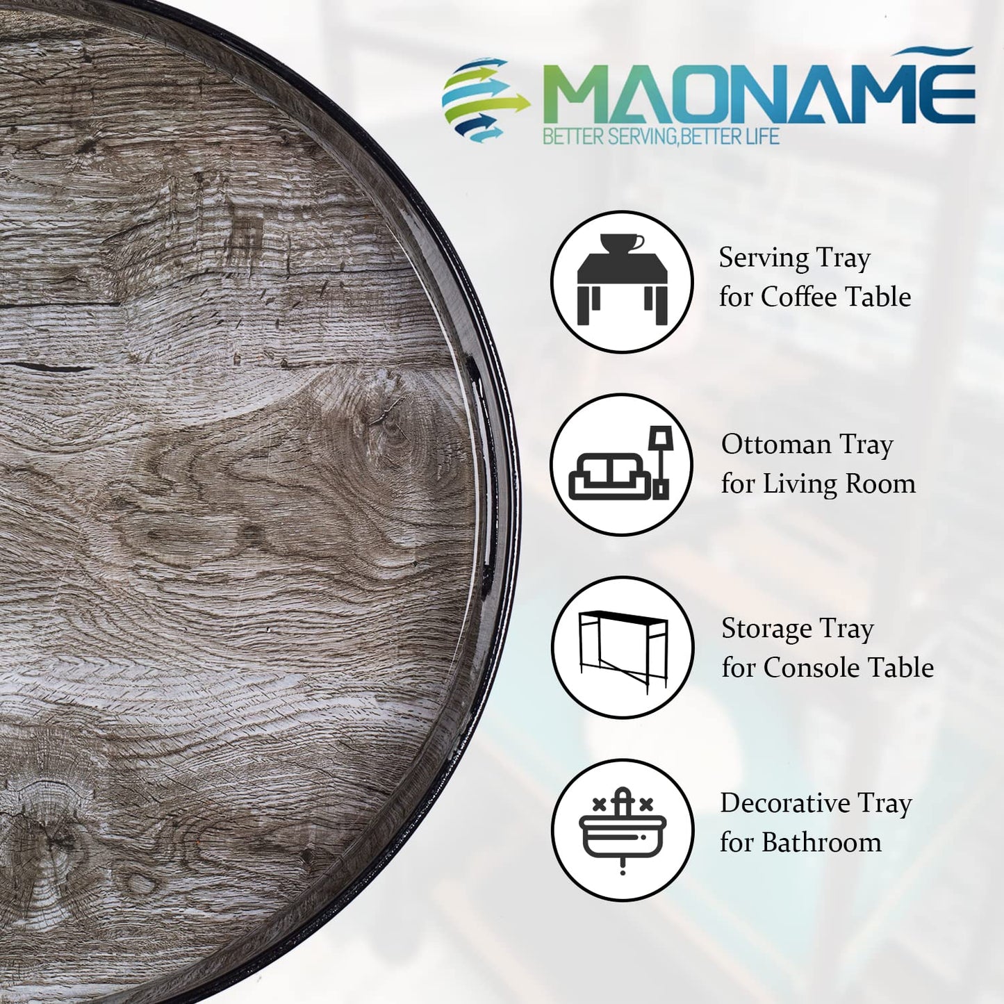 MAONAME 13" Round Decorative Tray, Plastic Tray with Handles, Coffee Table Trays, Serving Trays for Ottoman, Bathroom, Kitchen (Sticker Wood Grain)