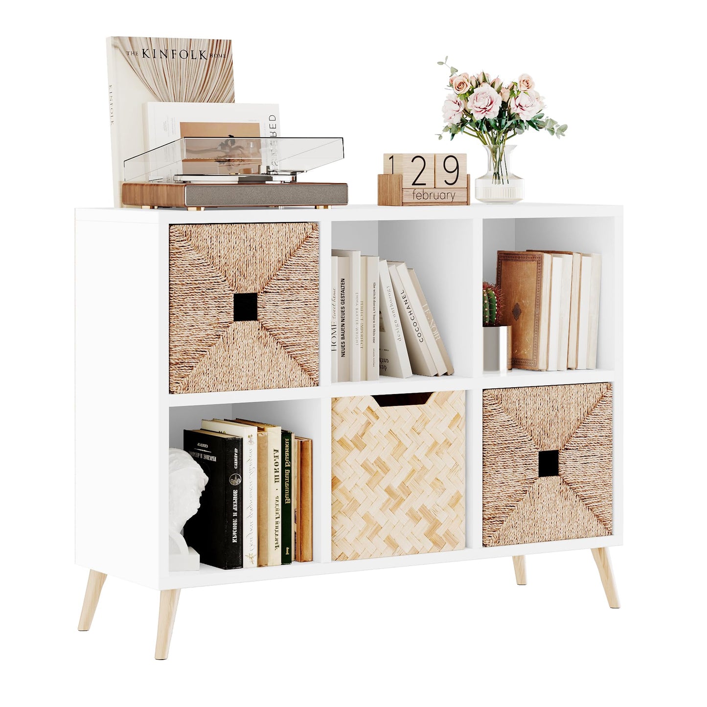 Flrrtenv 6 Cube Storage Organizer, Wood Bookcase with Legs, Modern Freestanding Cubby Shelving Unit, White Book Shelf Toy Storage Cabinet for Bedroom, Living Room, Kids Room, Fits 11 Inch Bins