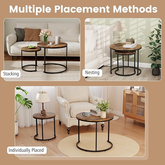Giantex Nesting Coffee Table Set of 2, Round Stacking Side Tables w/Wooden