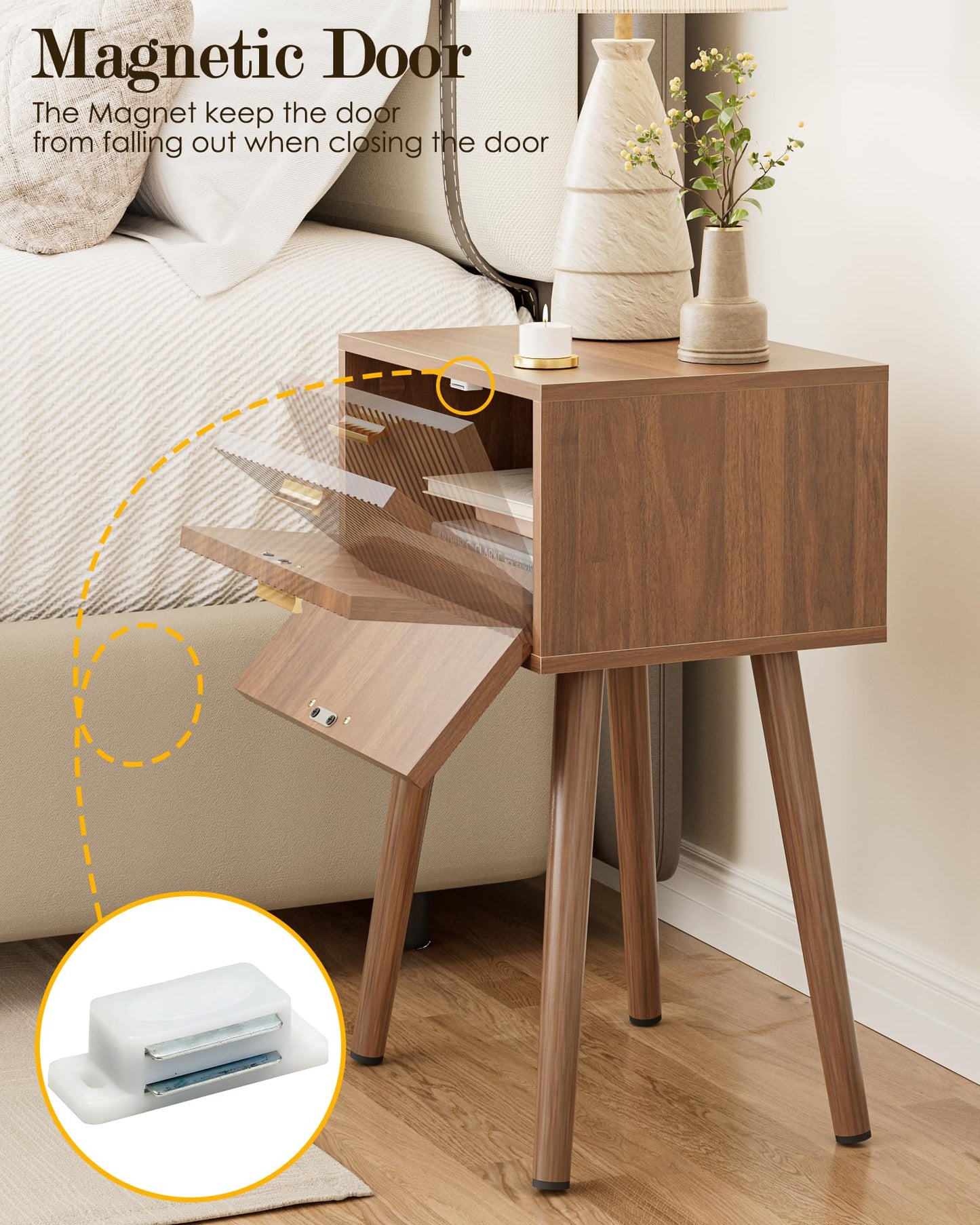ASACESCU Night Stand, Walnut Nightstand with Fluted Door, Small Modern Mid-Century Bedside Table for Bedroom, End Table for Living Room
