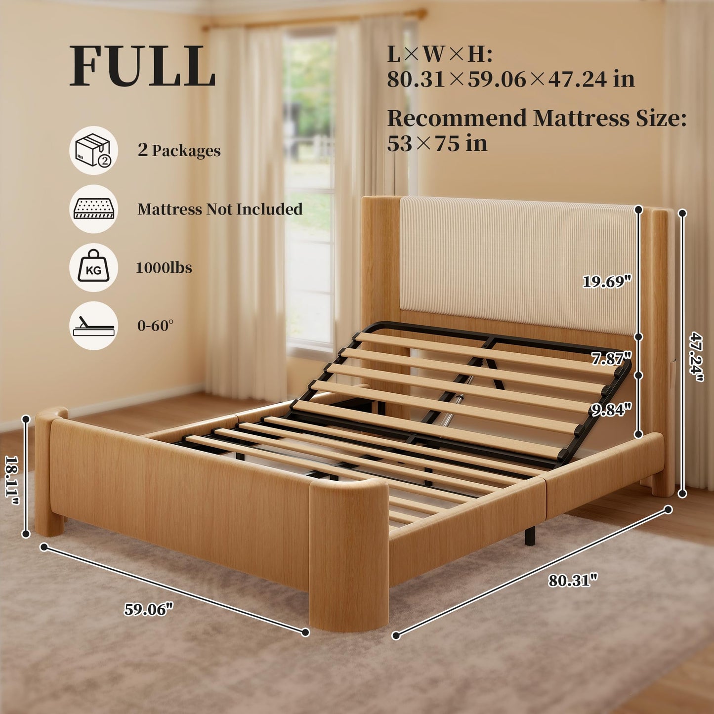 SIBEDS 18" H Full Adjustable Bed Frame with LED Light, Corduroy Headboard, Faux Leather Upholstered Platform Bed Frame, Dark Brown Oak Wood Grain Printed Finish, Zero Noise Quiet Motor, Head Incline