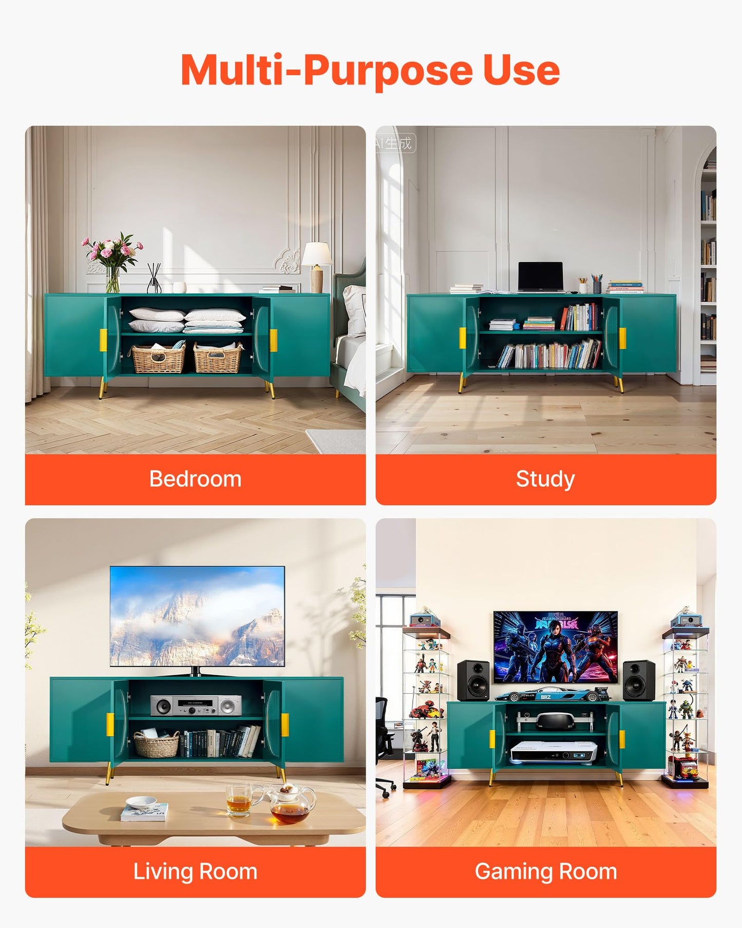 VEVOR TV Stand for TVs up to 75 inch, Modern Entertainment Center with Glass Doors and Gold Legs, TV Storage Cabinet with Adjustable Shelves, Wood Media Console for Living Room and Bedroom, Dark Green
