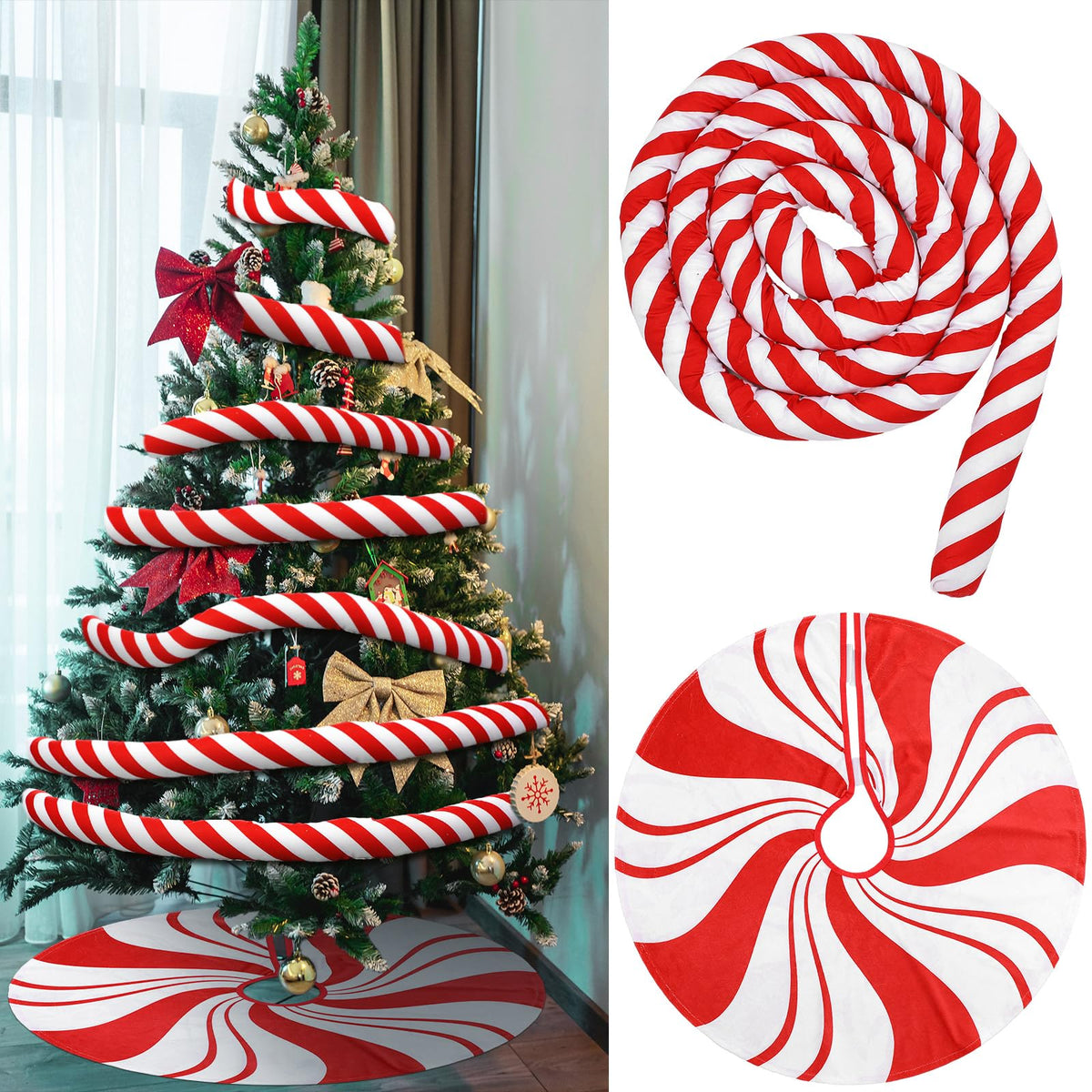 RoundFunny 9.84 ft Christmas Candy Cane Garland with 30 Inch Red Swirl Tree Skirt Red and White Christmas Ornaments Sweet Peppermint Tree Skirt Home Decoration for Xmas Holiday Party Supplies