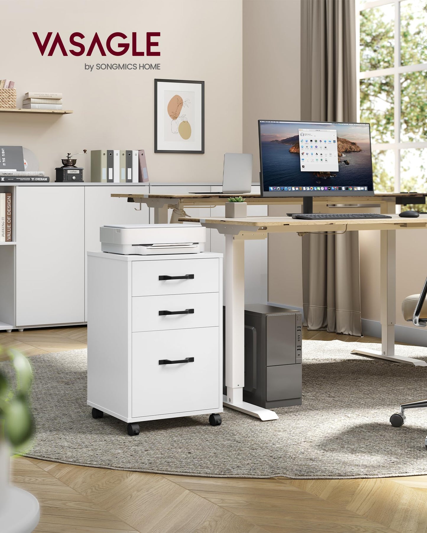 VASAGLE Custos Collection - Mobile File Cabinet, 3 Drawers Filing Cabinet with Wheels, for Home Office, for A4, Letter Sized Documents, Adjustable Hanging Rail, Cloud White UOFC065WB01