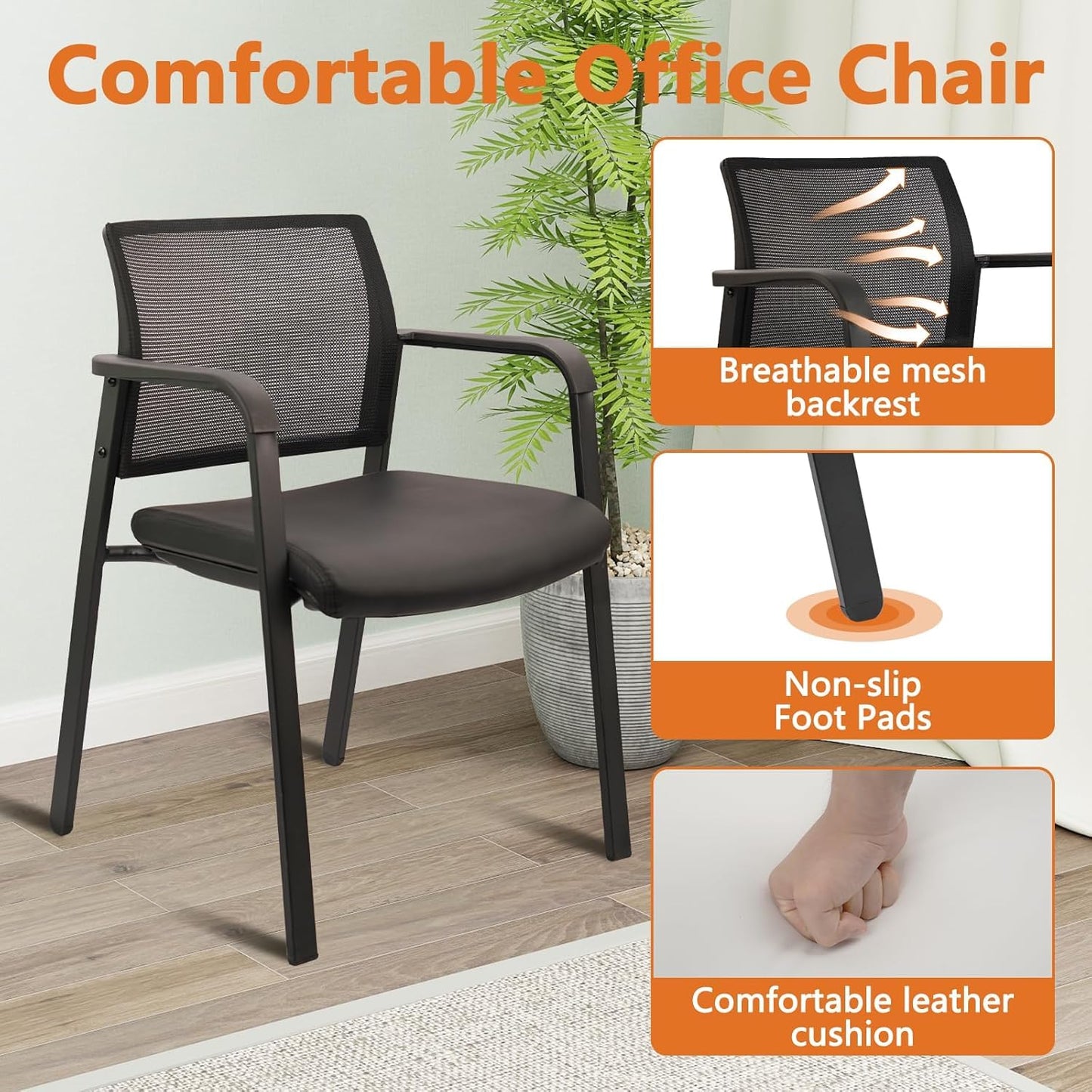 CLATINA Stackable Office Chair, Mesh Back Guest Chairs with Comfortable Leather Seat Arms Stacking Ergonomic Desk Chair No Wheels for Conference Waiting Reception School Stationary, Black, Set of 8