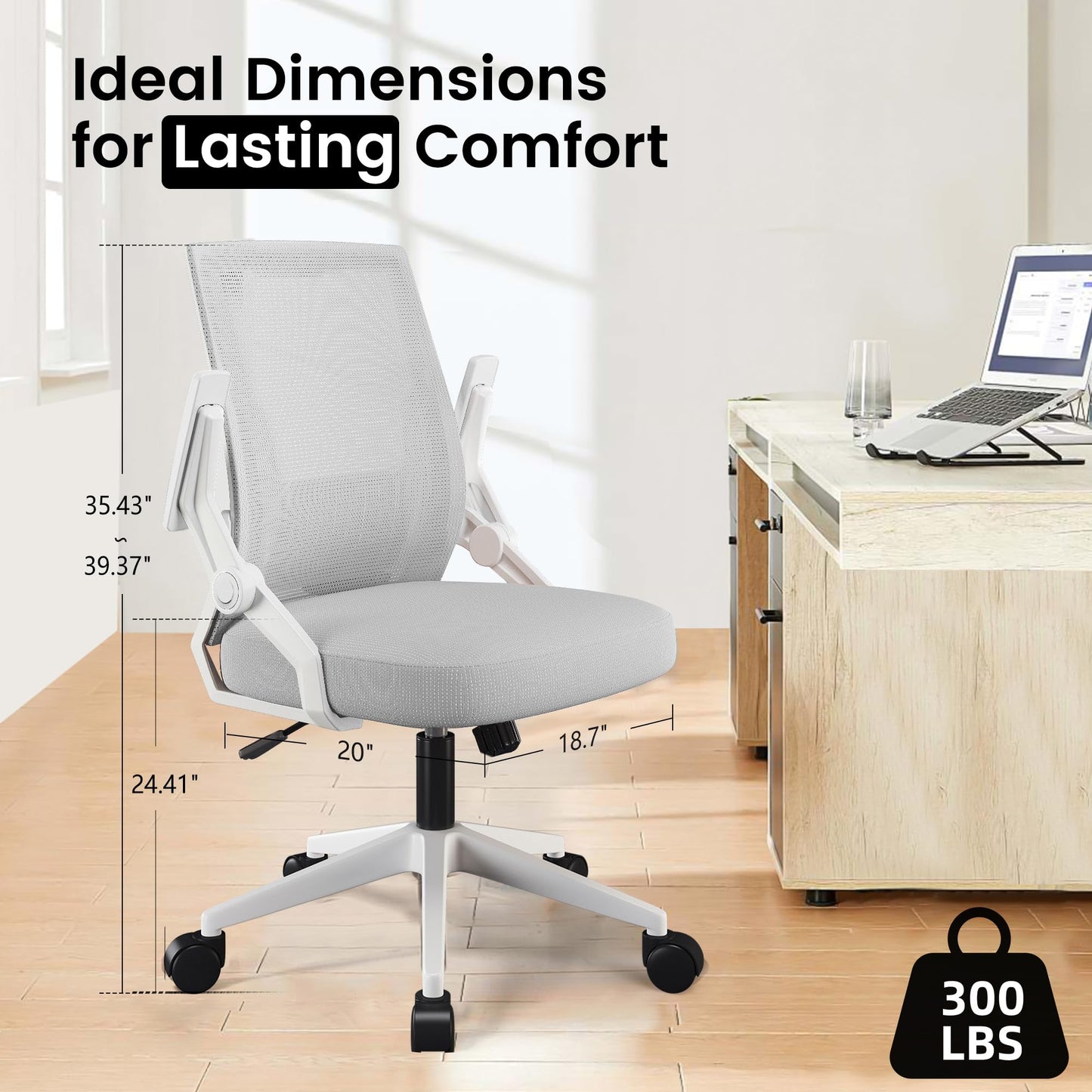 GTPOFFICE Ergonomic Office Chair, Computer Desk Chair Comfy with Adjustable Lumbar Support, Mid-Back Mesh Office Chair with Flip-up Armrest, Tilt Function Task Chair for Home, Bedroom, Gaming