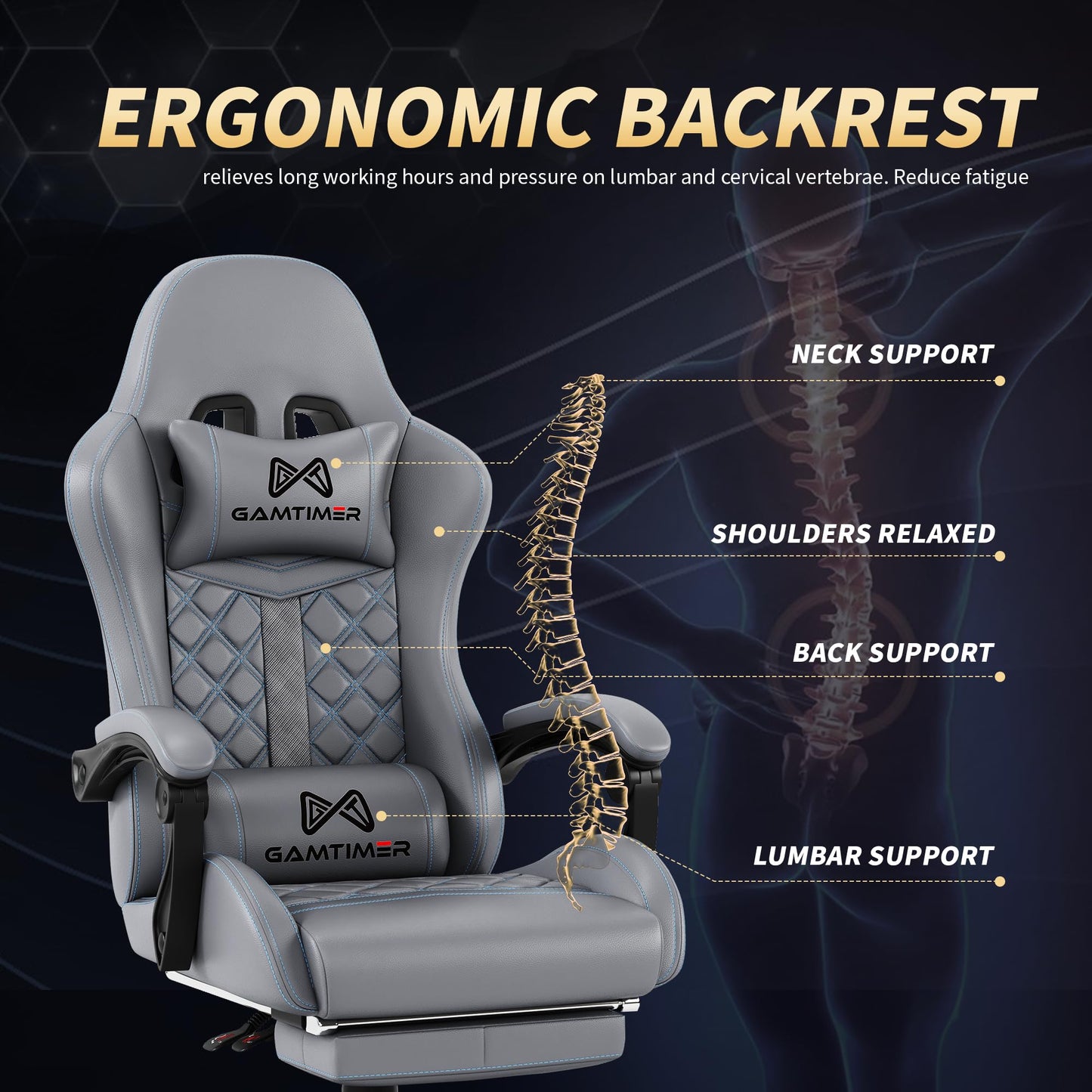 Gamtimer Gaming Chair, 400 lbs Adult Chair, High Back Computer Chair with Footrest and Linked Armrests, Office Video Game Chair with Lumbar Support (Grey)