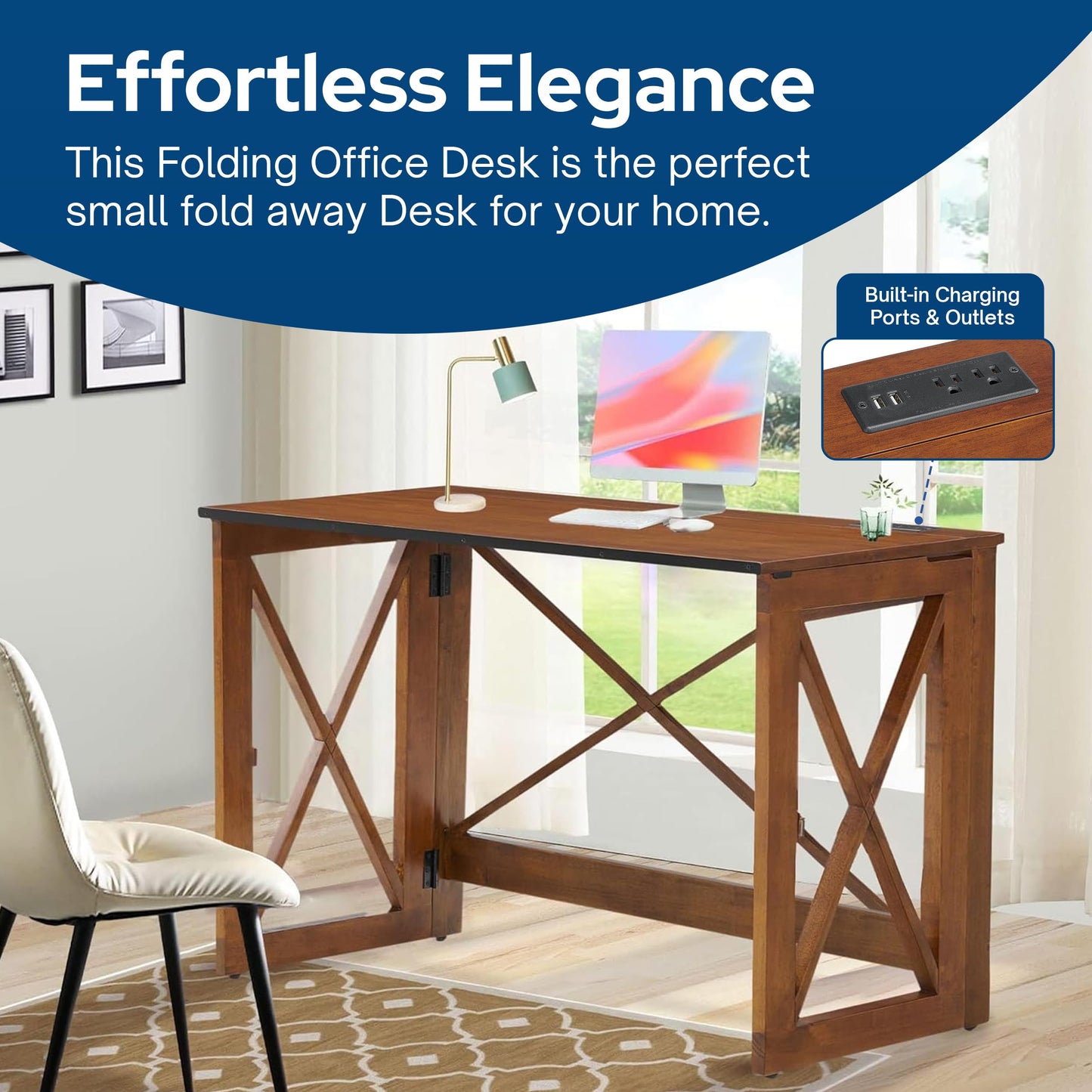 MECO Stakmore 110 Volt Stylish Versatile Expandable Folding Desk with Built in Outlets for Home Office, Den, or Living Room, Fruitwood