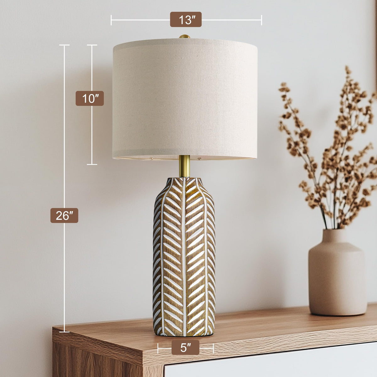 BOBOMOMO 26" Farmhouse Table Lamps Set of 2 - Vintage Leaf Design, Rustic Resin Nightstand Lamps for Bedroom, Living Room, Nursery, Hallway, Elegant Living Room Lamps with Linen Shades Antique Brown