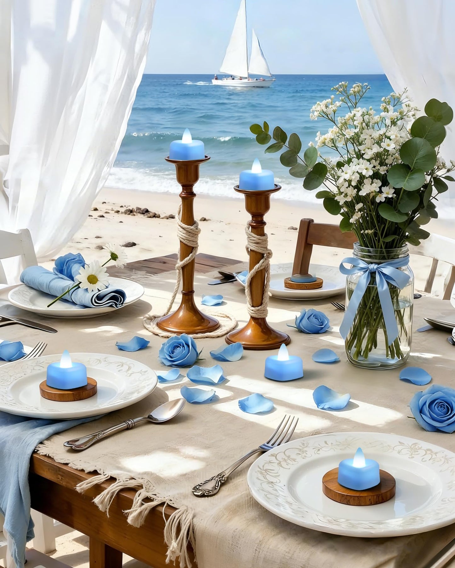 Amagic 1000 Pieces Light Blue Artificial Rose Petals with 12 Light Blue LED Tea Lights, Rose Petals and Candles Set for Proposal, Anniversary, Romantic Night, Wedding Decor