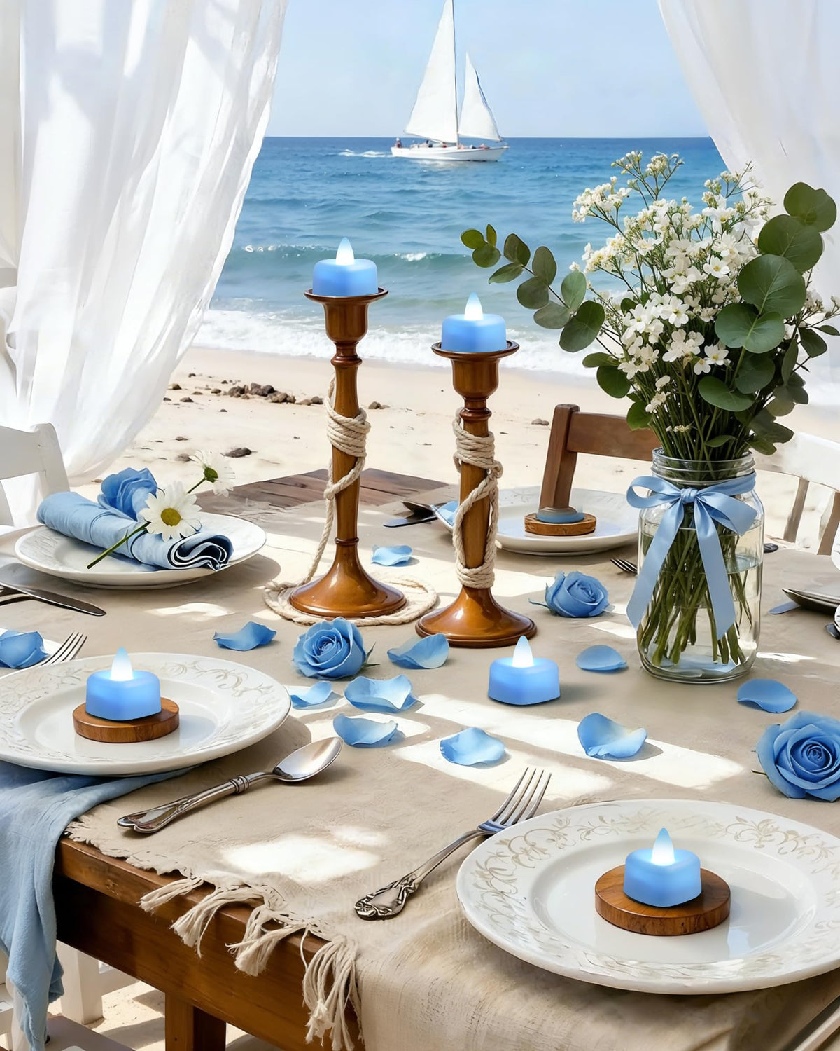 Amagic 2000 Pieces Light Blue Artificial Rose Petals with 24 Light Blue LED Tea Lights, Rose Petals and Candles Set for Proposal, Anniversary, Romantic Night, Wedding Decor