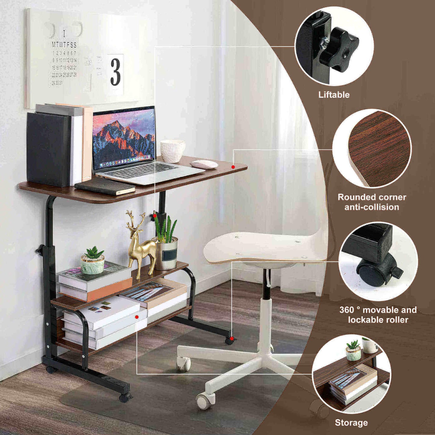 Dekhaoxe Adjustable Table Student Computer Desk Portable Home Office Furniture Small Spaces Sofa Bedroom Bedside Learn Play Game Desk on Wheels Movable with Storage Size 31.5 * 15.7 Inch Brown A