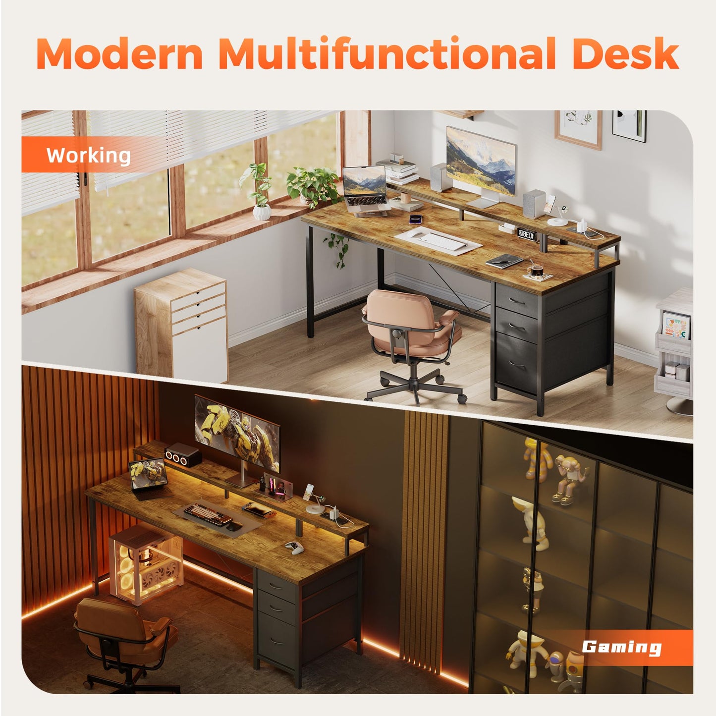 Mericonia 63 inch Computer Desk with Storage Drawers & Monitor Stand, Reversible Gaming Desk with LED Lights & Power Outlets, Large Gaming Table for Home Office