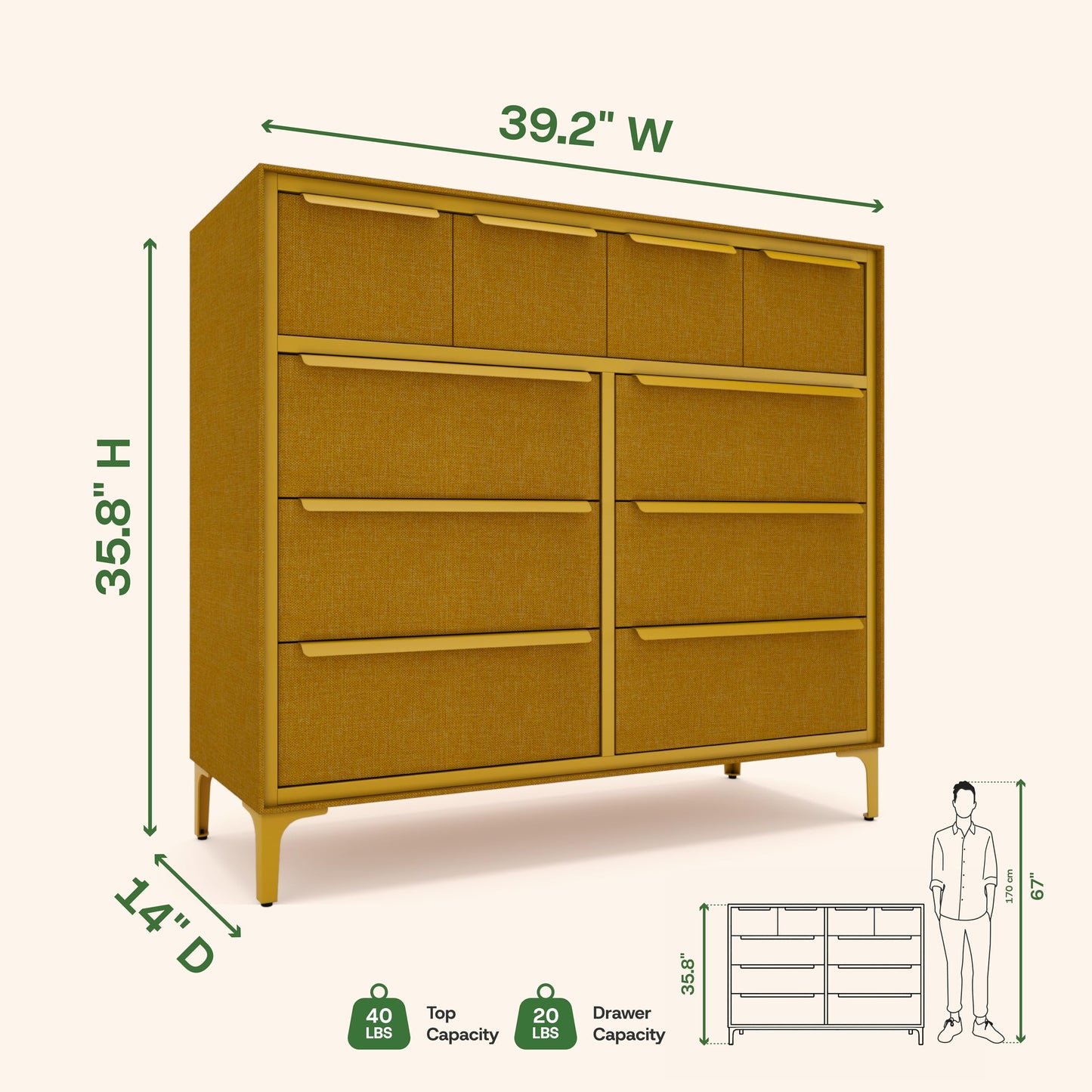 tinge Naima Premium Fabric Dresser - Strong Metal Frame, 10 Spacious Sag-Proof Drawers with Sleek Metal Handles - Premium & Durable Storage Solution for Your Home (Yellow)
