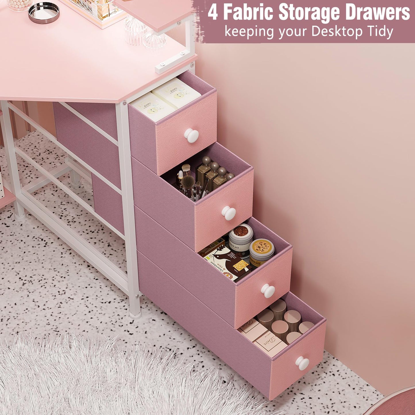VENNQD Corner Desk with Drawers Shelves for Small Space 90 Degrees Triangle Computer Desk with Power Outlets,Gaming Desk with LED Lights Monitor Stand for Home Office Workstation Writing Table (Pink)