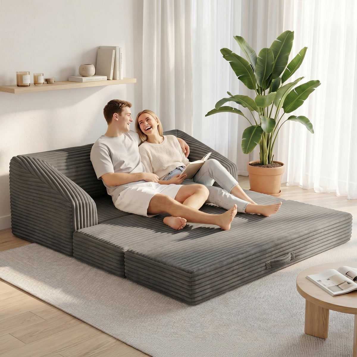 AOLVDOW Loveseat 51 inch, 2-in-1 Convertible Tri-Folding Sofa Bed with Thick Backrest & Carry Handle, Gray Foldable Couch Bed Lounger Sleeper Sofa for Living Room, Guest Room, Soft Corduroy